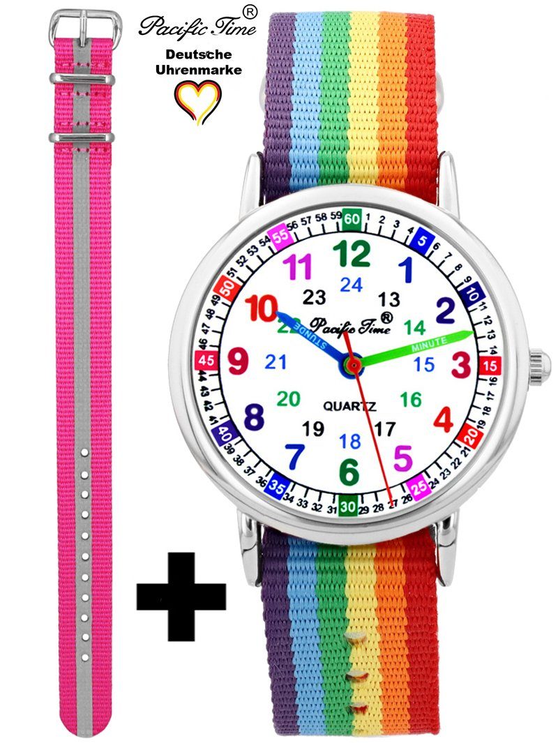 Pacific Time Quarzuhr Set Kinder Armbanduhr Lernuhr Wechselarmband, Mix und Match Design - Gratis Versand Regenbogen und Reflektor pink