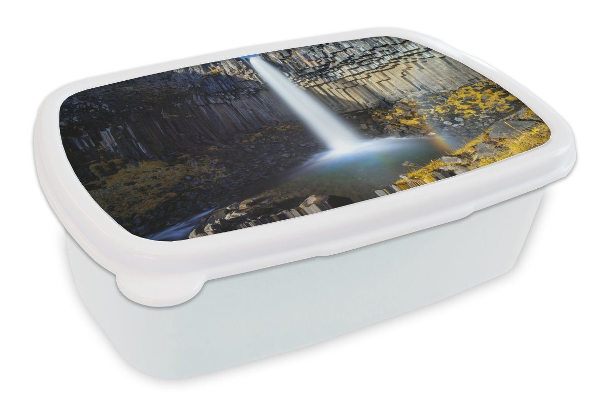 MuchoWow Lunchbox Wasserfall - Island - Natur, Kunststoff, (2-tlg), Brotbox für Kinder und Erwachsene, Brotdose, für Jungs und Mädchen weiß