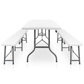 vidaXL Garten-Essgruppe Klappbarer Gartentisch mit 2 Bänken 180 cm Stahl und HDPE Weiß Sitzgruppe Set