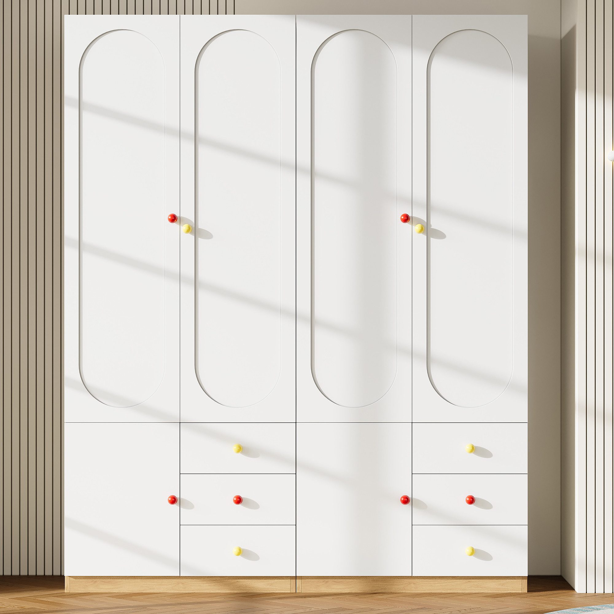 Merax Kinderkleiderschrank Kinder-Kleiderschrank, 3-türiger Kleiderschrank (2-St., mit 3 Schubladen) Kinderzimmer, Kinderzimmermöbel, Kleiderstange, Bunte Keramikgriffe