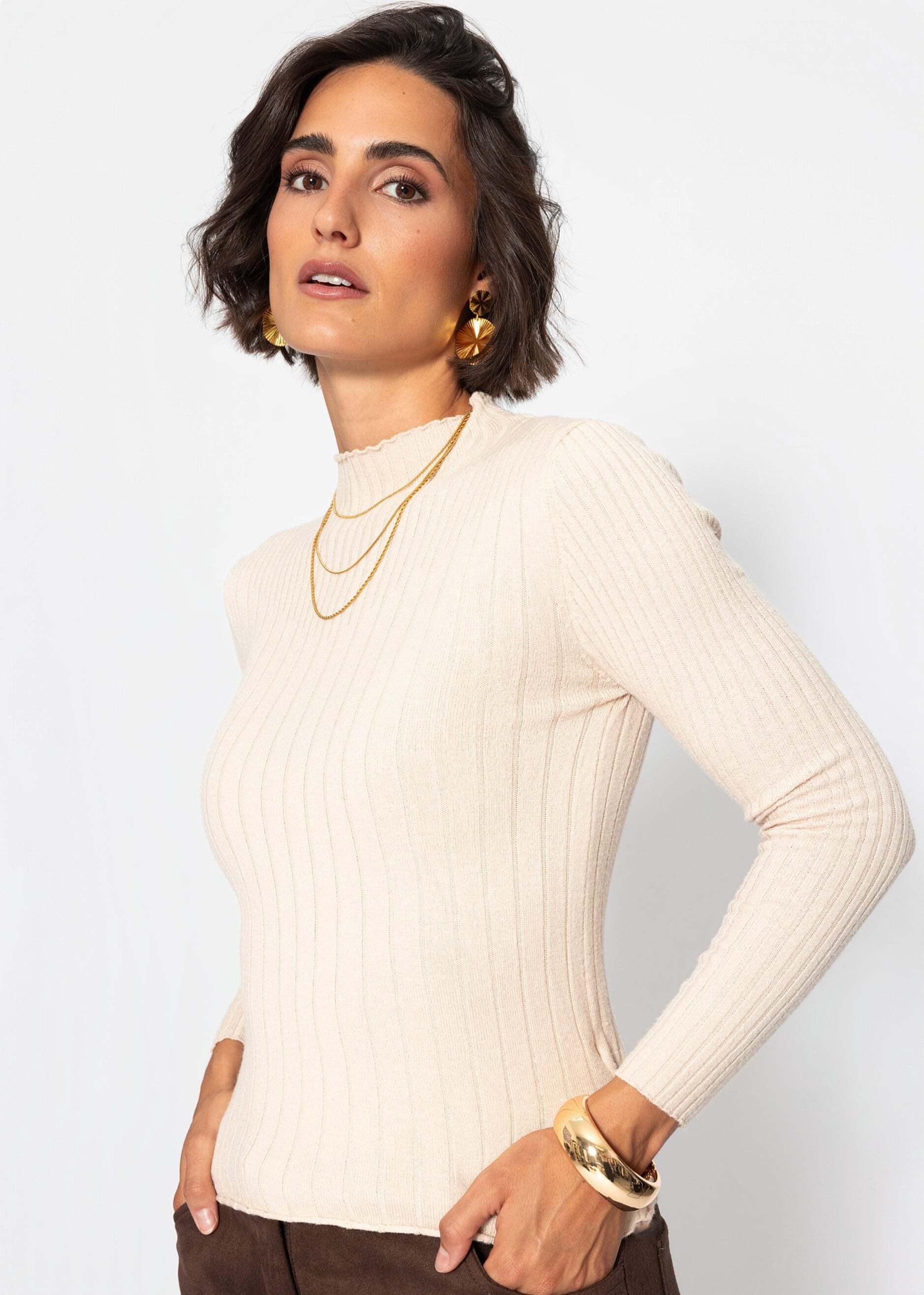 SASSYCLASSY Langarmshirt Oberteil mit Stehkragen für Damen weiches zeitloses Langarmshirt in Beige – Bild 5 von 5
