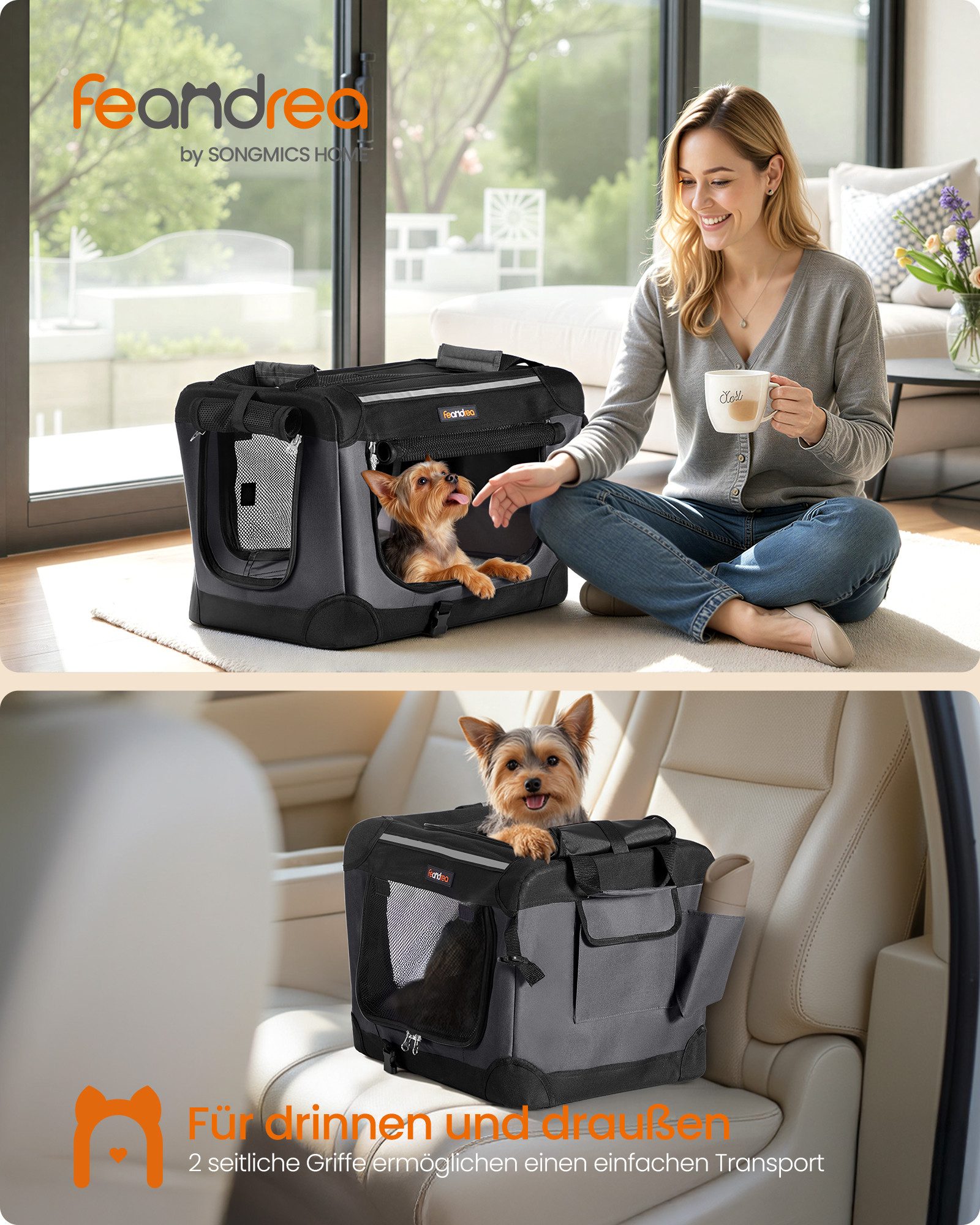 FEANDREA Tiertransporttasche Hundebox faltbar, Hundetasche, Taschen für Futter und Wasserflasche, Griffen, 4 Türen aus Netzstoff, Oxford-Gewebe