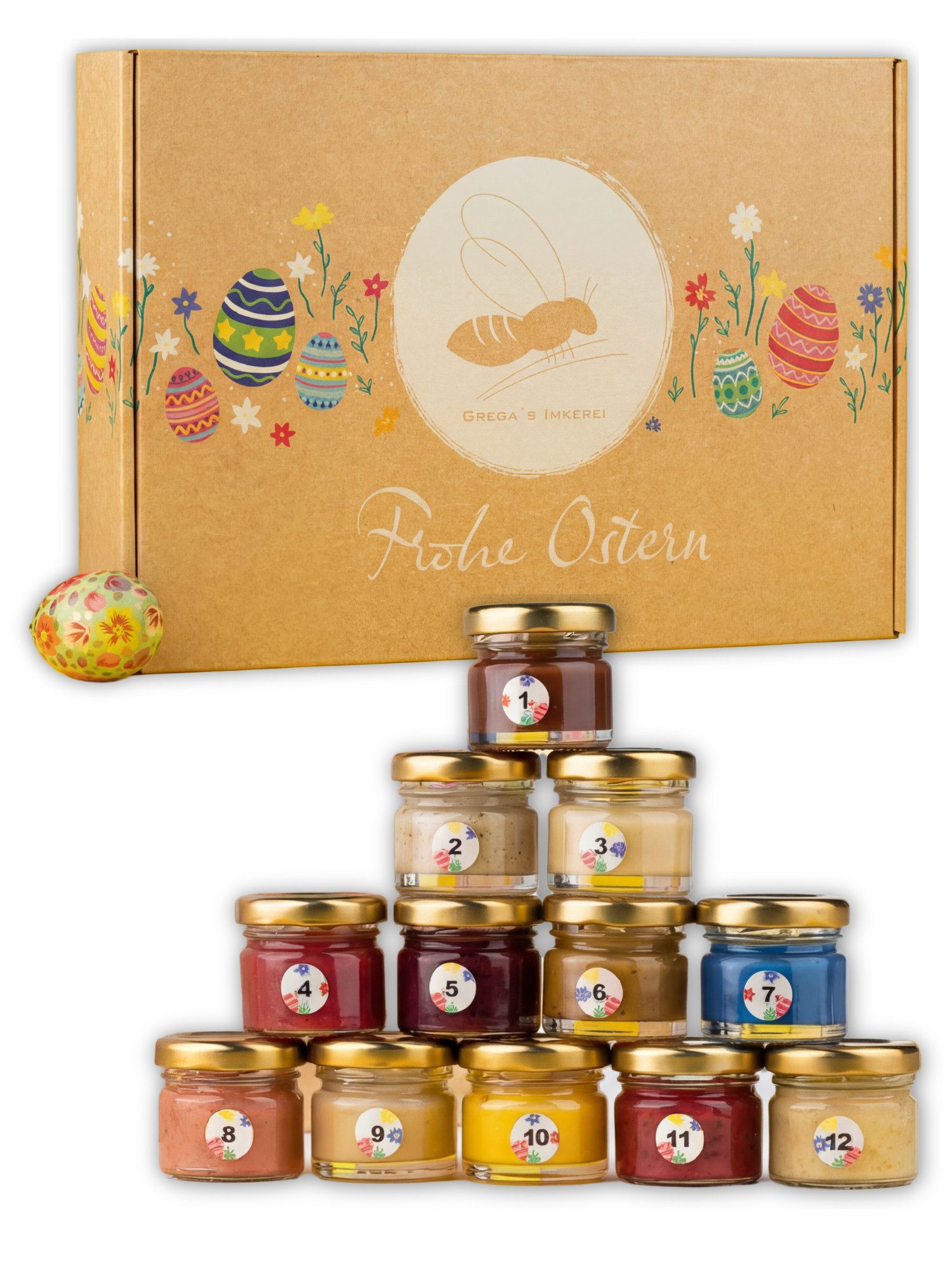 Grega´s Imkerei Honig Geschenkbox " Frohe Ostern " mit 12 Honig-Spezialitäten je 30g, 12 x 30 g, (perfekte Geschenkidee zu Ostern, Probierpaket & honigsüßes Mitbringsel), Oster-Probierbox mit 12 Honigspezialitäten direkt vom Imker