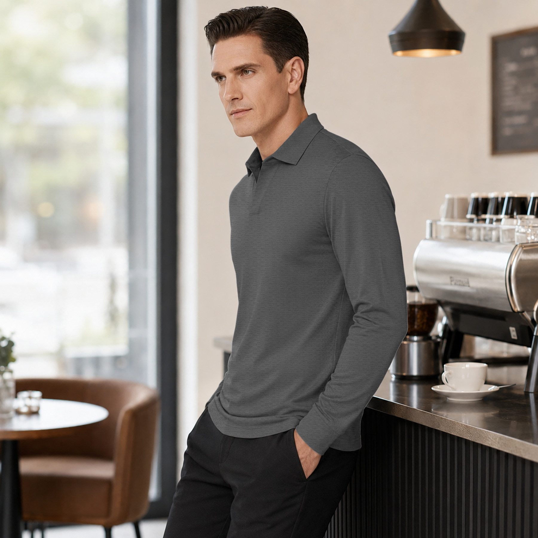 Allthemen Poloshirt mit Zopfmuster langarmshirt Baumwolle Shirt für Winter – Bild 5 von 5