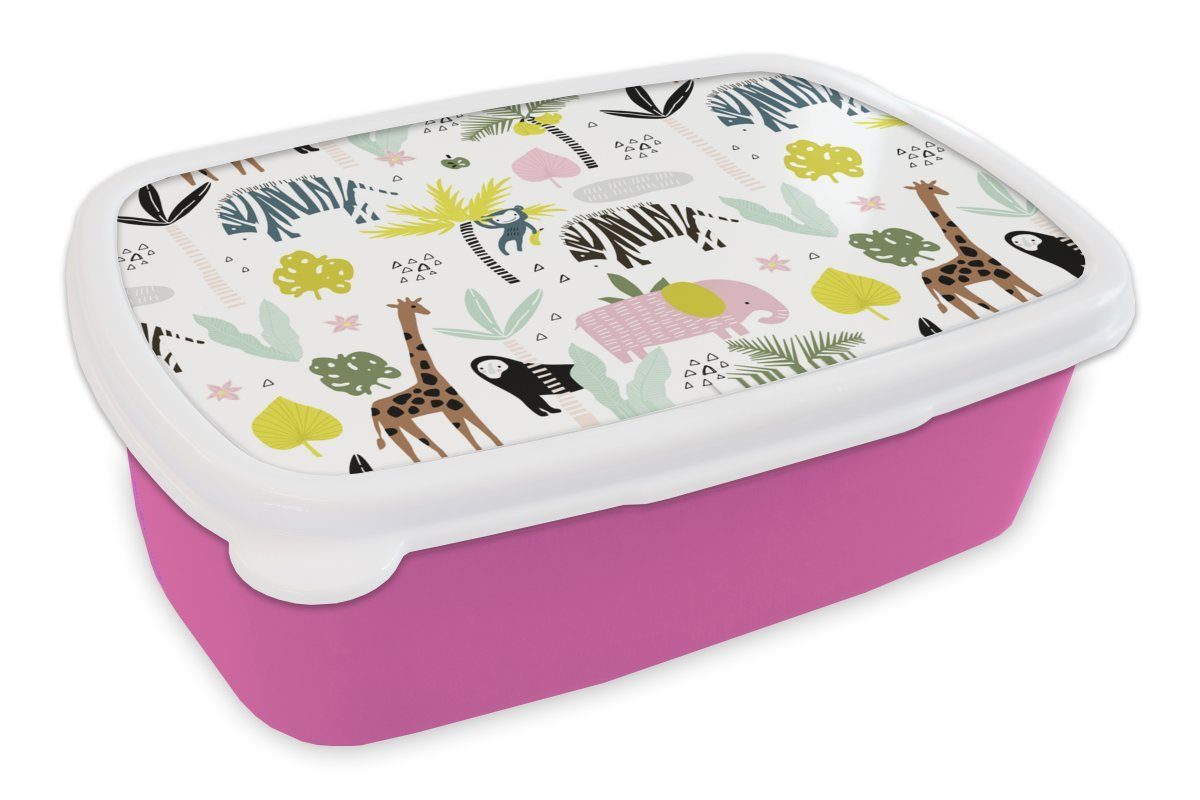 Palme - Tiere - Mädchen, rosa Kunststoff Snackbox, Kunststoff, MuchoWow Lunchbox für Brotbox Kinder, - Pastell, Dschungel Erwachsene, (2-tlg), Brotdose