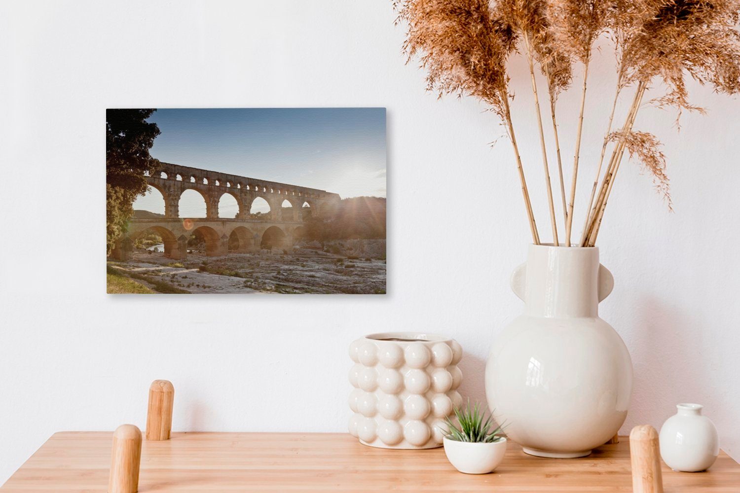 OneMillionCanvasses® dem du Gard (1 über Pont Wanddeko, Fantastischer Wandbild Leinwandbild 30x20 Frankreich, Leinwandbilder, Aufhängefertig, cm Sonnenuntergang St), in