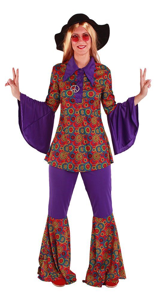 Karneval-Klamotten Hippie-Kostüm Damenkostüm 60er Jahre Flower Power, Retro Anzug lila-bunt mit Kragen, Hippie-Hemd und Schlaghose