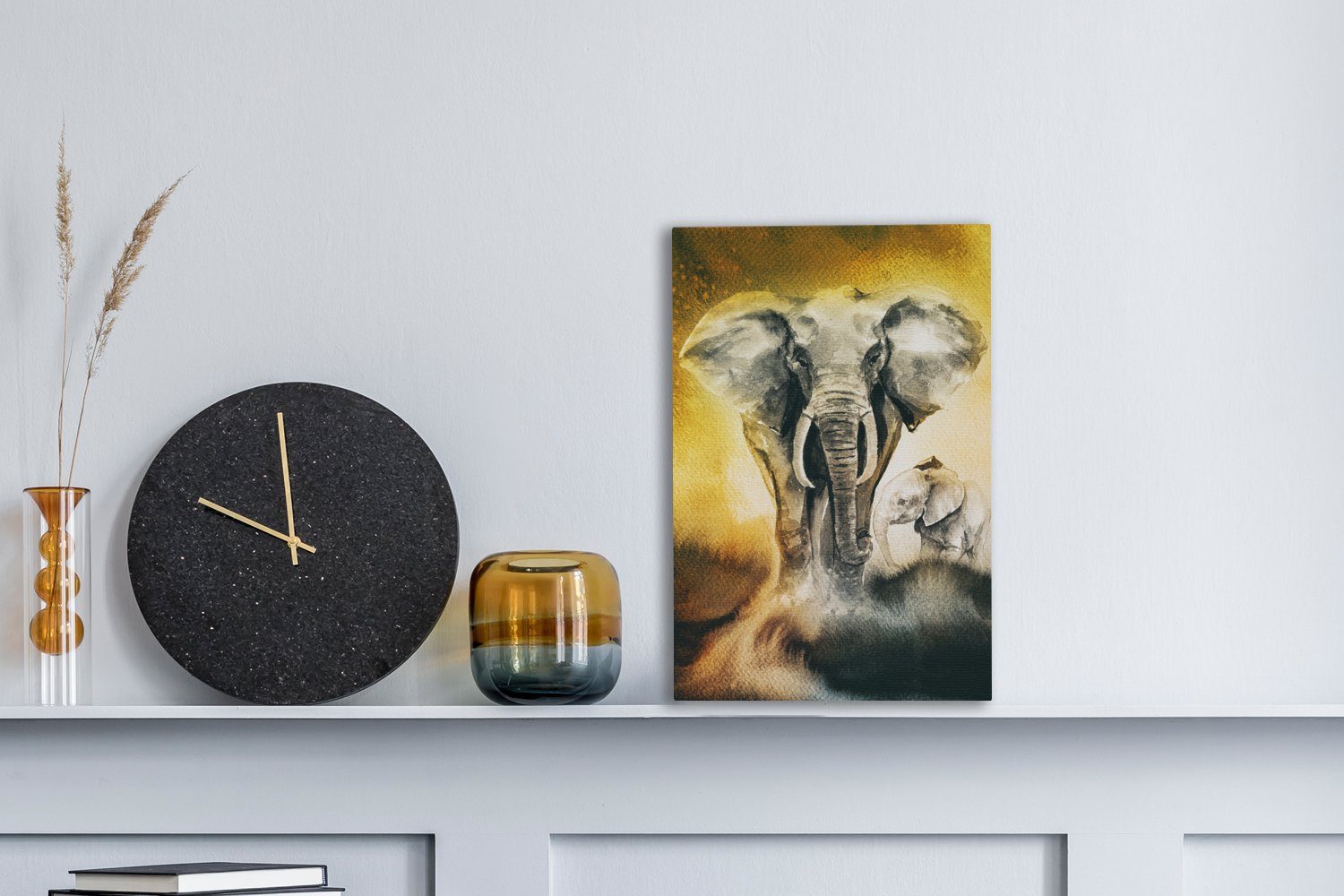 OneMillionCanvasses® Leinwandbild Elefant bespannt Gemälde, Zackenaufhänger, Gelb, inkl. 20x30 Leinwandbild cm St), Aquarellfarbe - (1 fertig 