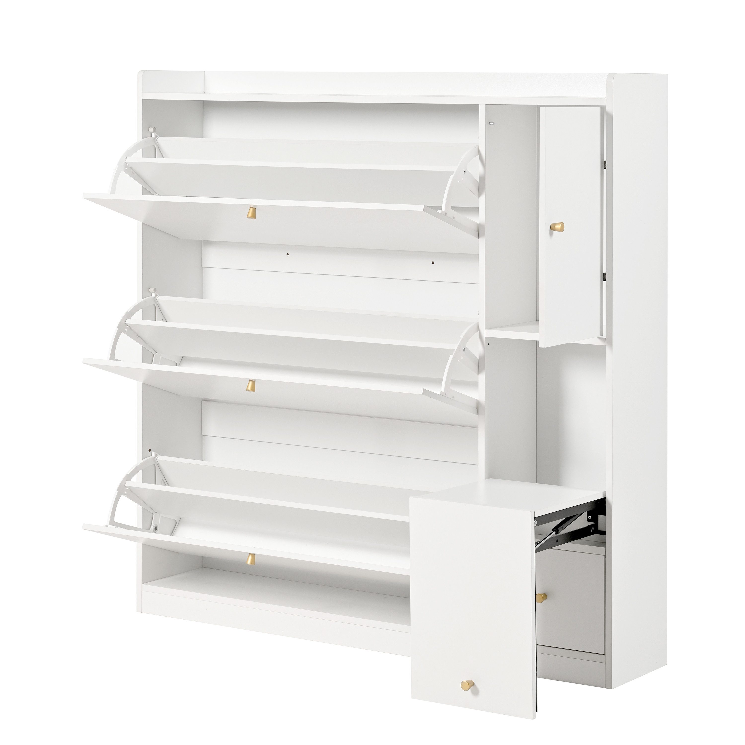 Flieks Schuhschrank mit klappbarer Sitzbank, 3 Klappen und 1 Schubladen Weiß/Schwarz (1-St., B119/T24/H122 cm, ca 20 Paar Schuhe) Schuhregal mit Schuhwechselhocker Schuhkommode Schuhkipper
