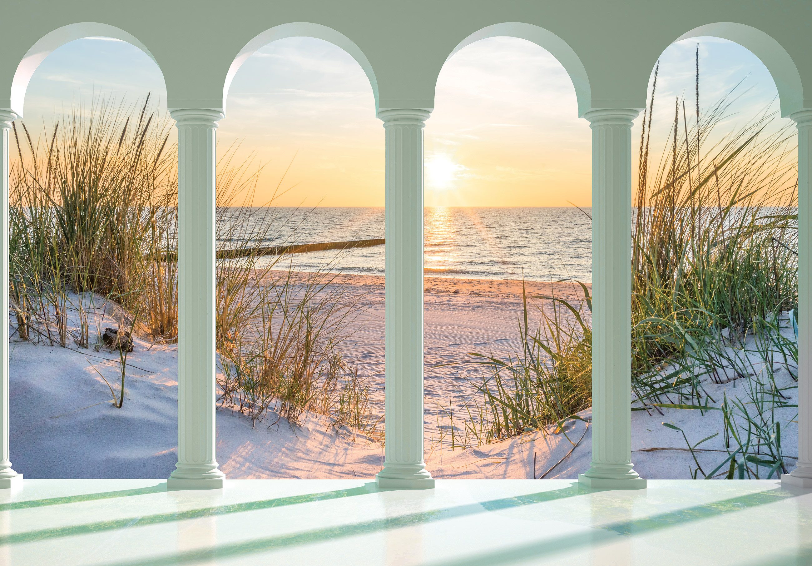 Wallarena Fototapete 3D EFFEKT Strand Terrasse Sand Meer Fenster Wohnzimmer günstig online kaufen
