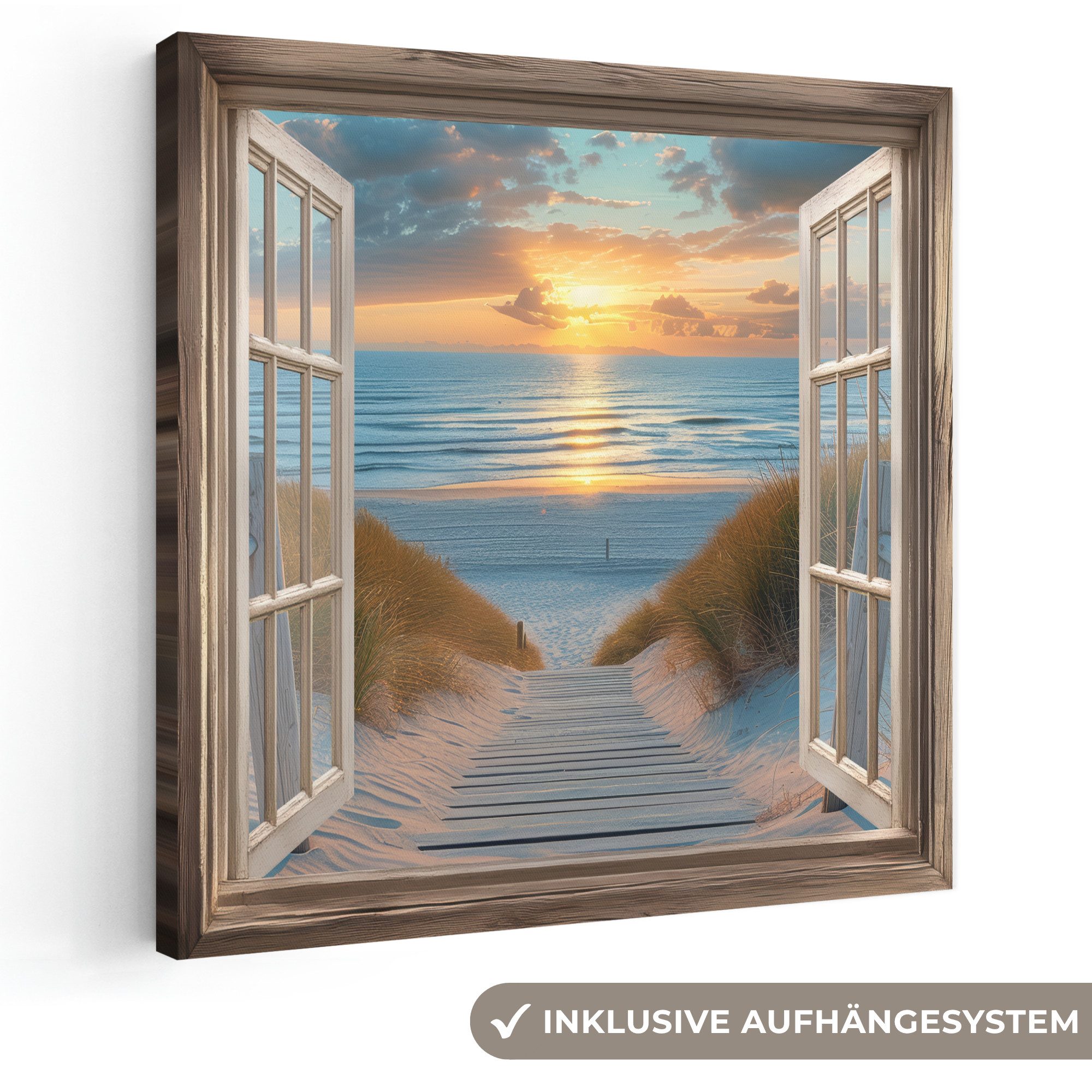 OneMillionCanvasses® Leinwandbild Durchblick - Strand - Weg - Sonnenuntergang, Fotodruck (1 St), Wandbild, Deko Schlafzimmer Wohnzimmer Flur 20x20 cm