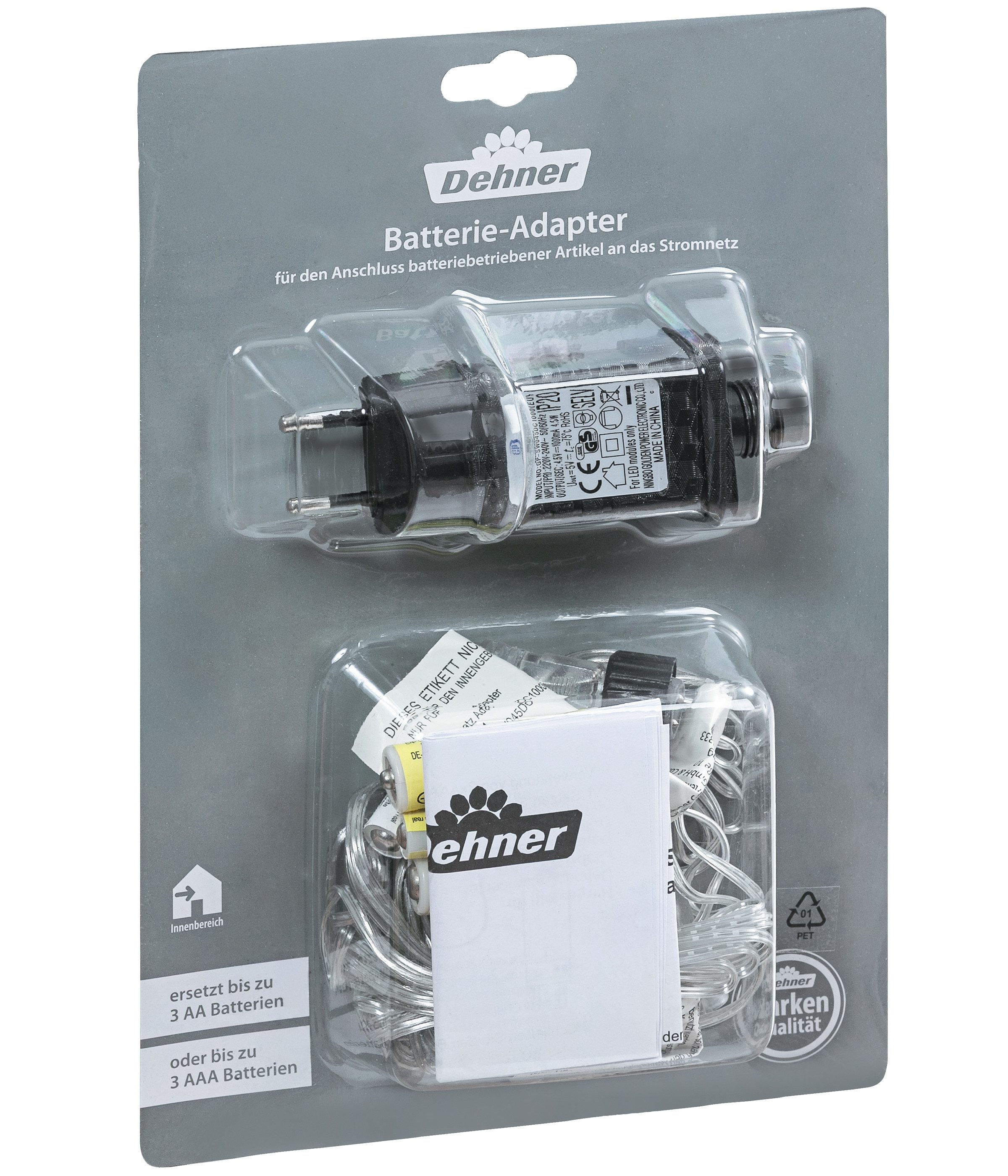 Dehner Lichterkette Batterie-Adapter f. elektronische Kleingeräte mit AA/AAA, 4.5 W, 4.5 V, inkl. 2 x 3 m Zuleitungskabel, für Indooreinsatz, IP 20