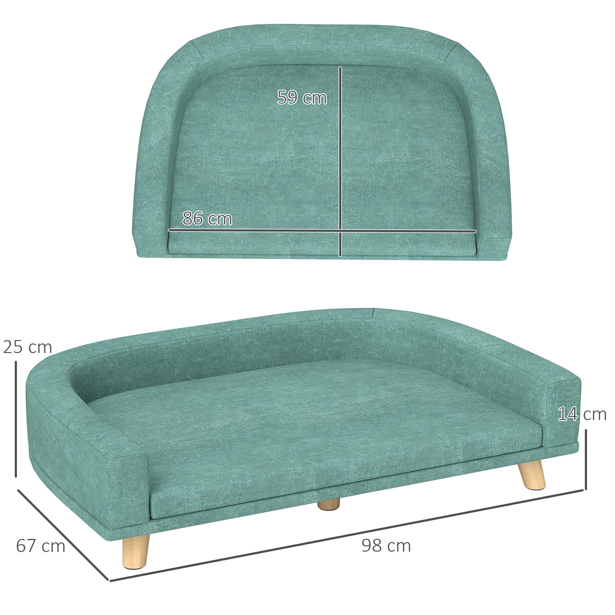 PawHut Tierbett Hundesofa, Haustiersofa Katzensofa mit Kissen, Polyester, Hundesessel mit Holzbeine, Grün, 98 x 67 x 25 cm