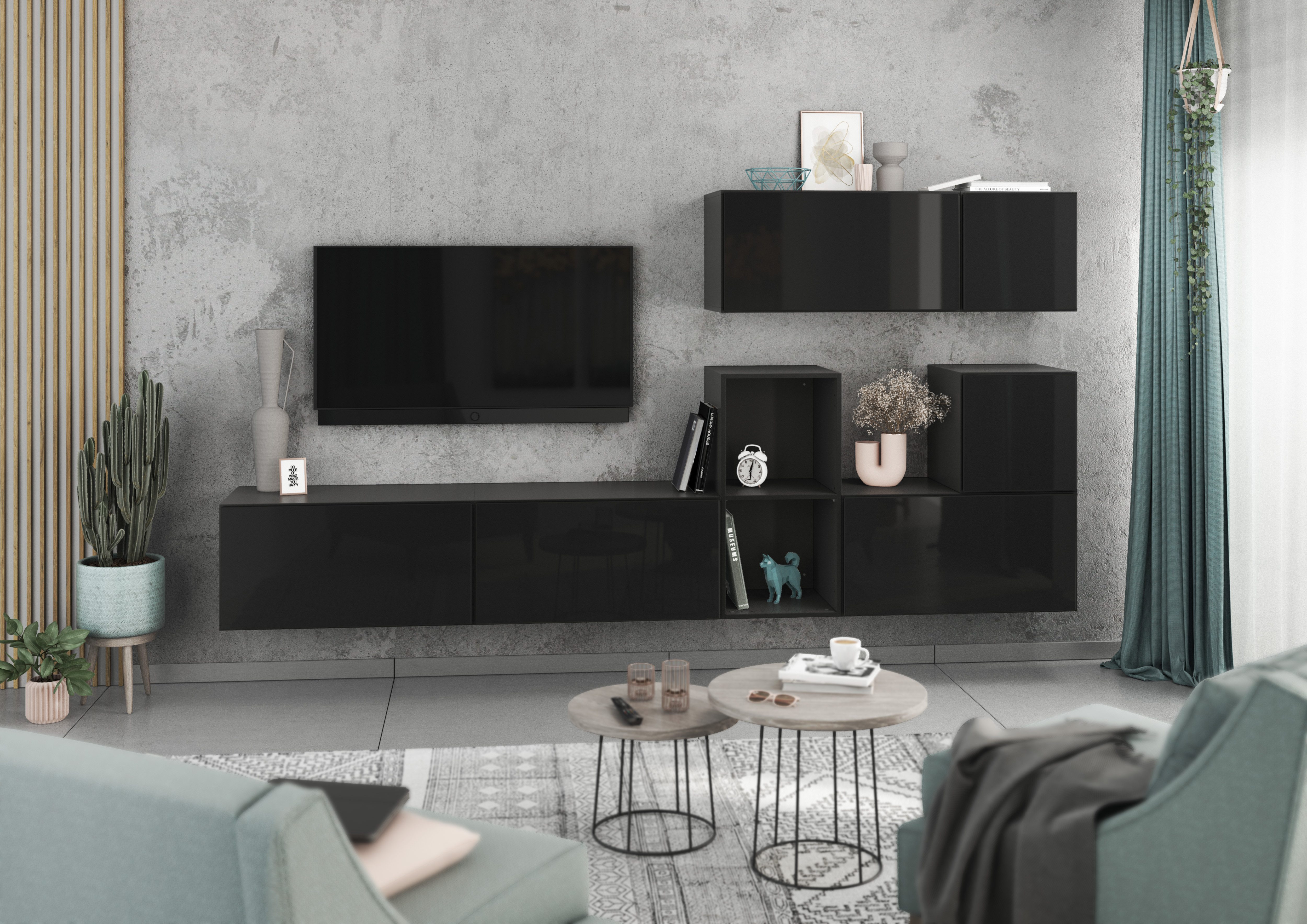 BMG Möbel Wohnwand Modul+, (7- teilig., besteht aus 4xSchrank mit Klappe, 2xSchrank mit Tür, 1xoffenes Regal), MDF Fronten tiefgezogen, Soft-Close-Funktion, Made in Germany