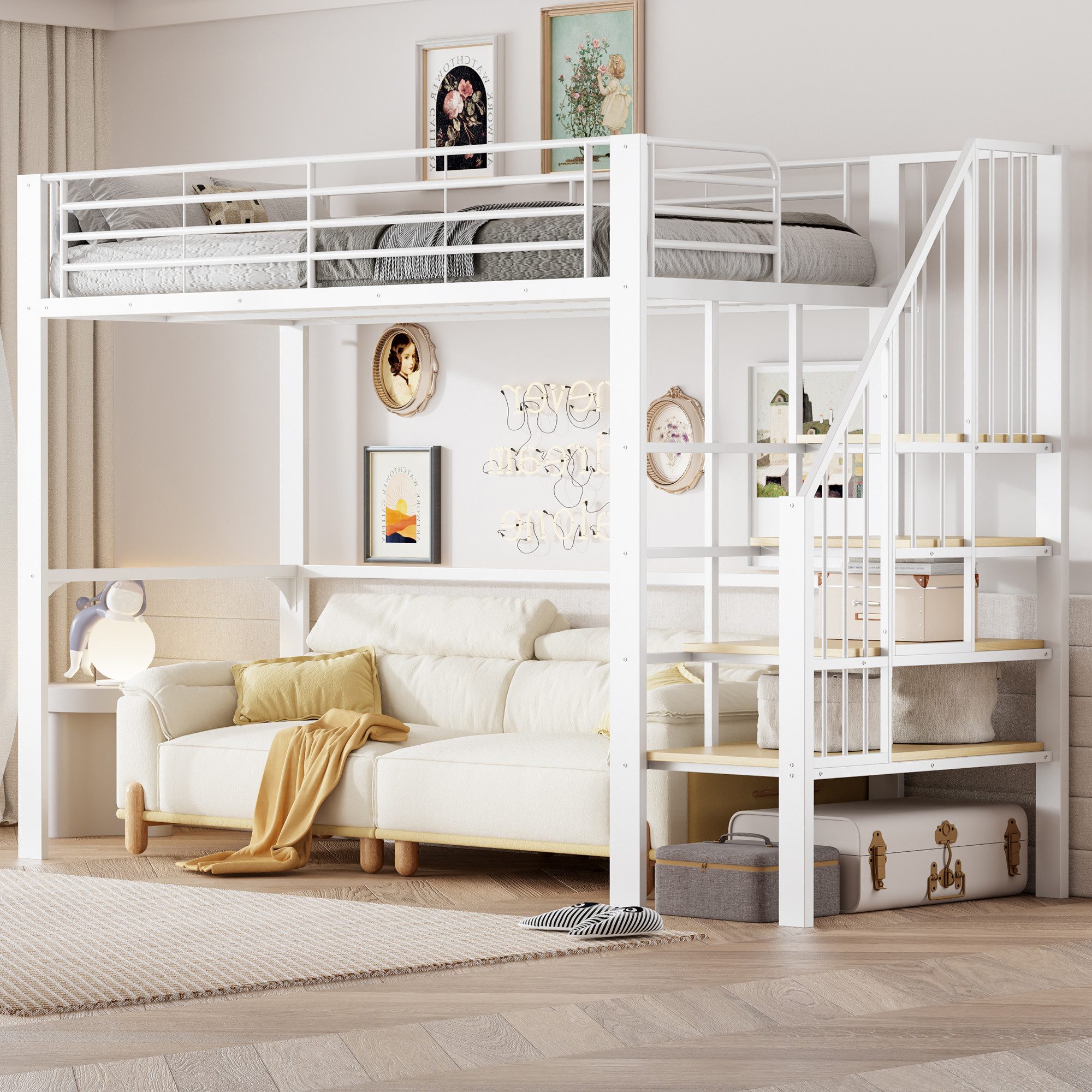 Merax Hochbett (1-St., Jugendbett Einzelbett) Metallbett Eisenbett Kinderbe günstig online kaufen
