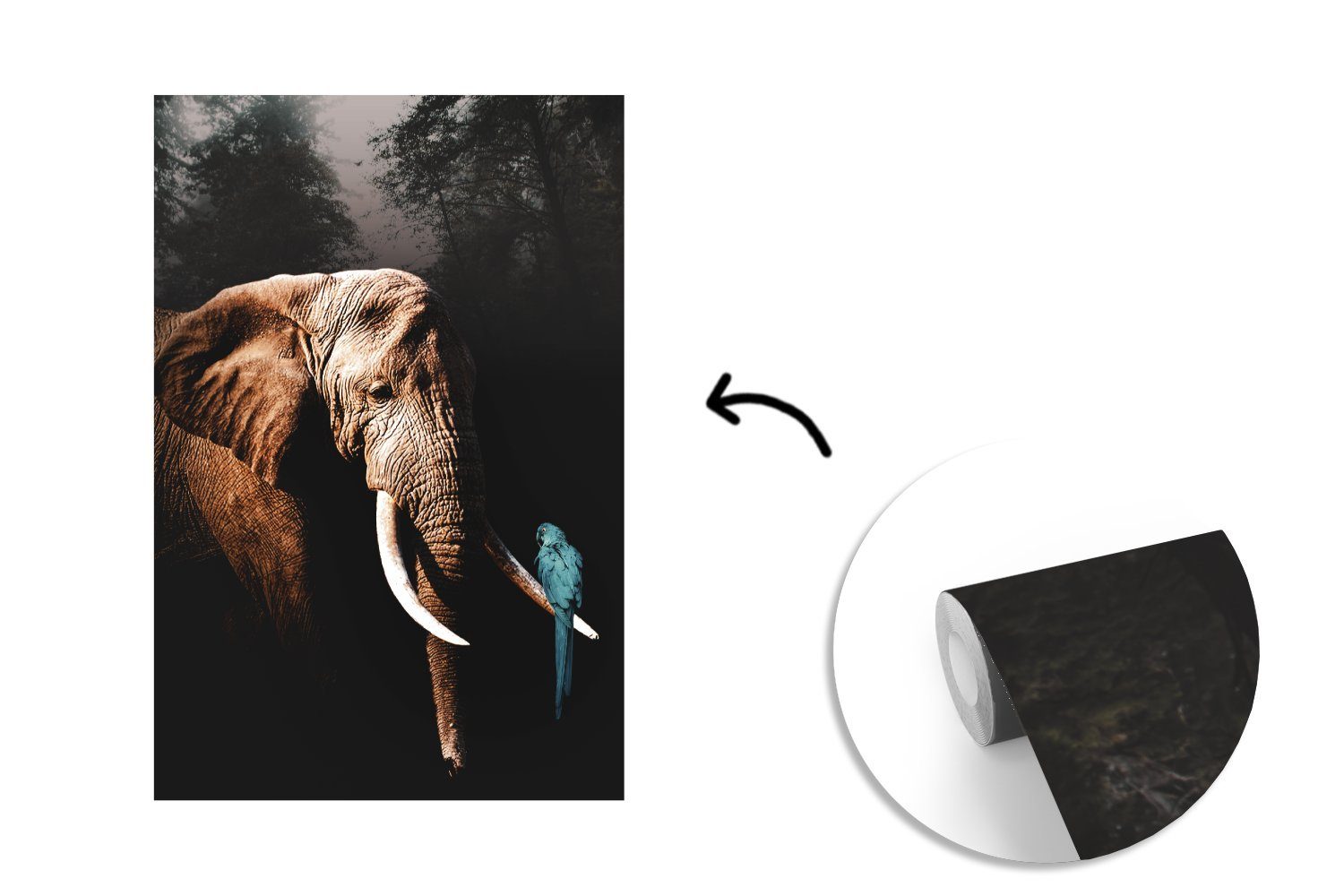St), - Baum, Papagei Wohnzimmer, Fototapete Montagefertig für bedruckt, Matt, Tapete Wandtapete Vinyl Elefant (3 MuchoWow -