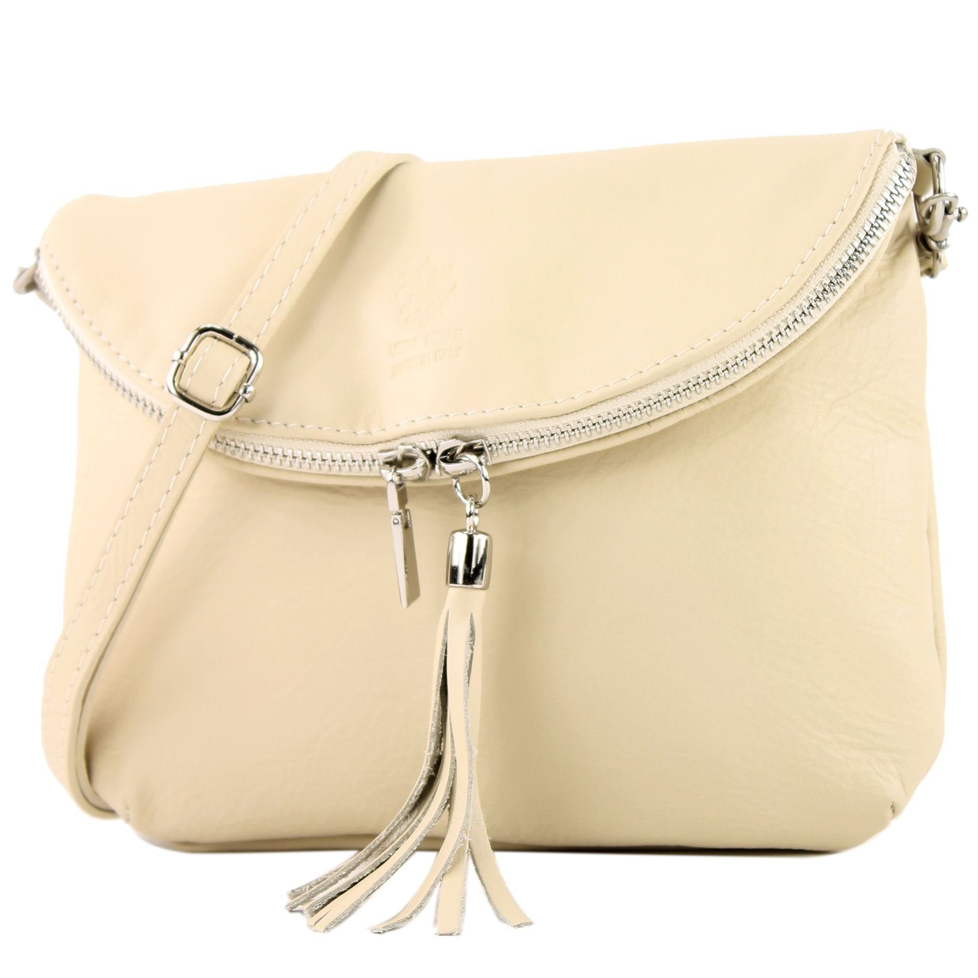 modamoda de Umhängetasche T07SI, Echtleder Handmade in Italy Cremebeige