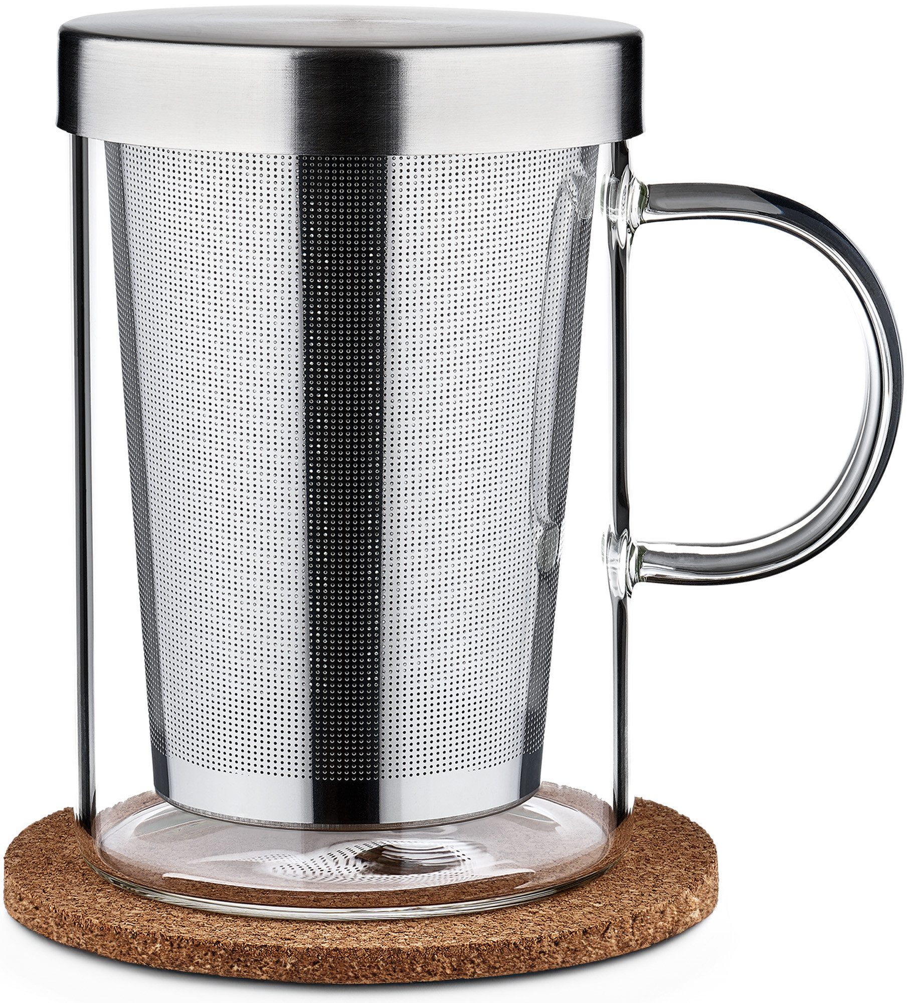 Cosumy Teeglas Teetasse mit Deckel und Sieb - Teeglas mit Sieb & Untersetzer 400ml, 1-tlg., Glas, Zubereiter inkl. Untersetzer - Geschenk Tasse - Feinmaschiger Filter