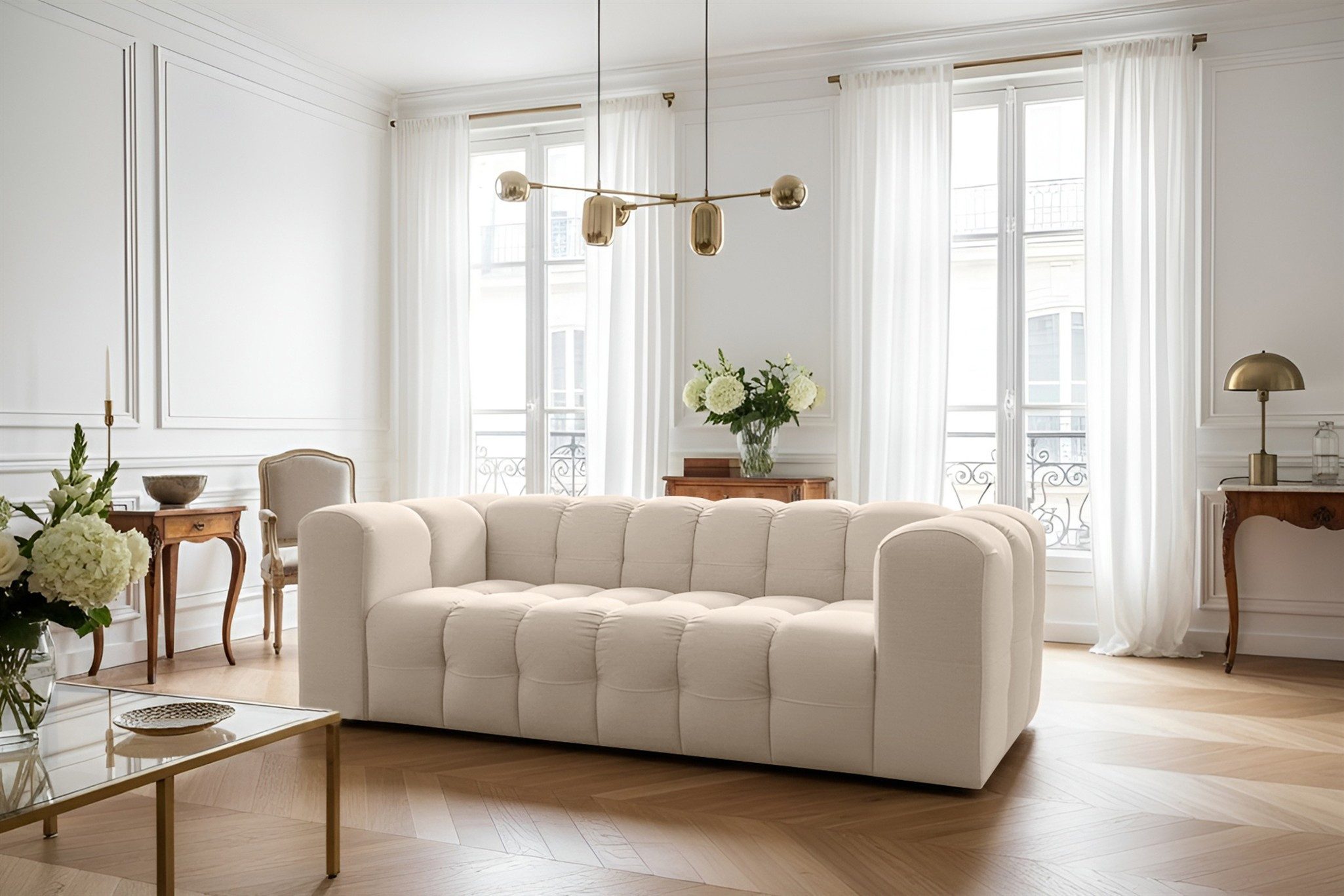 Fun Möbel 3-Sitzer Sofa Designersofa SOLVIE, Stoff Moly oder Tiffani, Sofa-Rücken echt bezogen