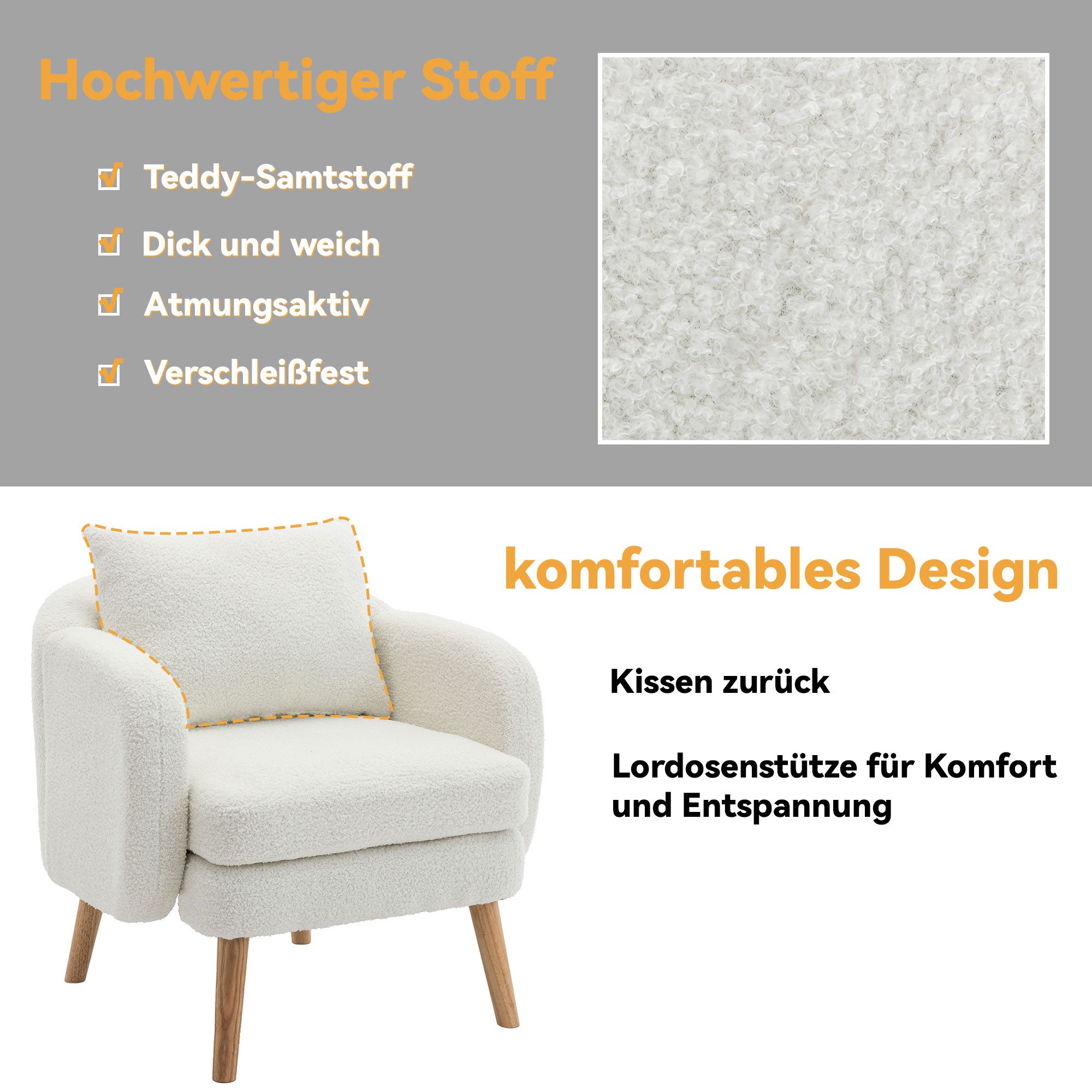 STILVORA Sessel aus Samtstoff,Relaxsessel Einzelsessel mit Kissen&Armlehne,Weiß (mit Kissen, Sessel mit extra dickem Kissen, Beine aus Massivholz)