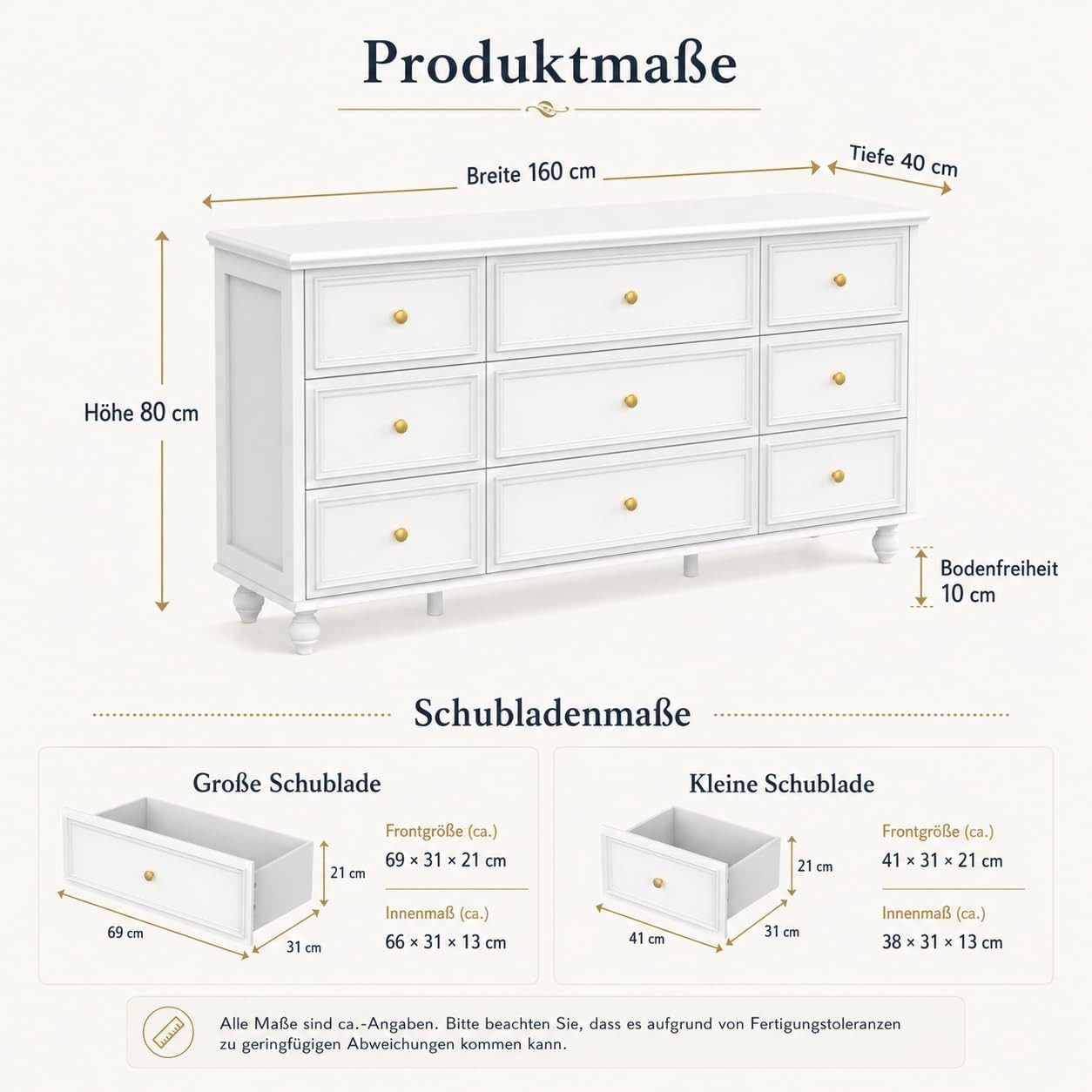 FUFU&GAGA Kommode mit 9 Schubladen und Gold Metall Griffe,Weiß