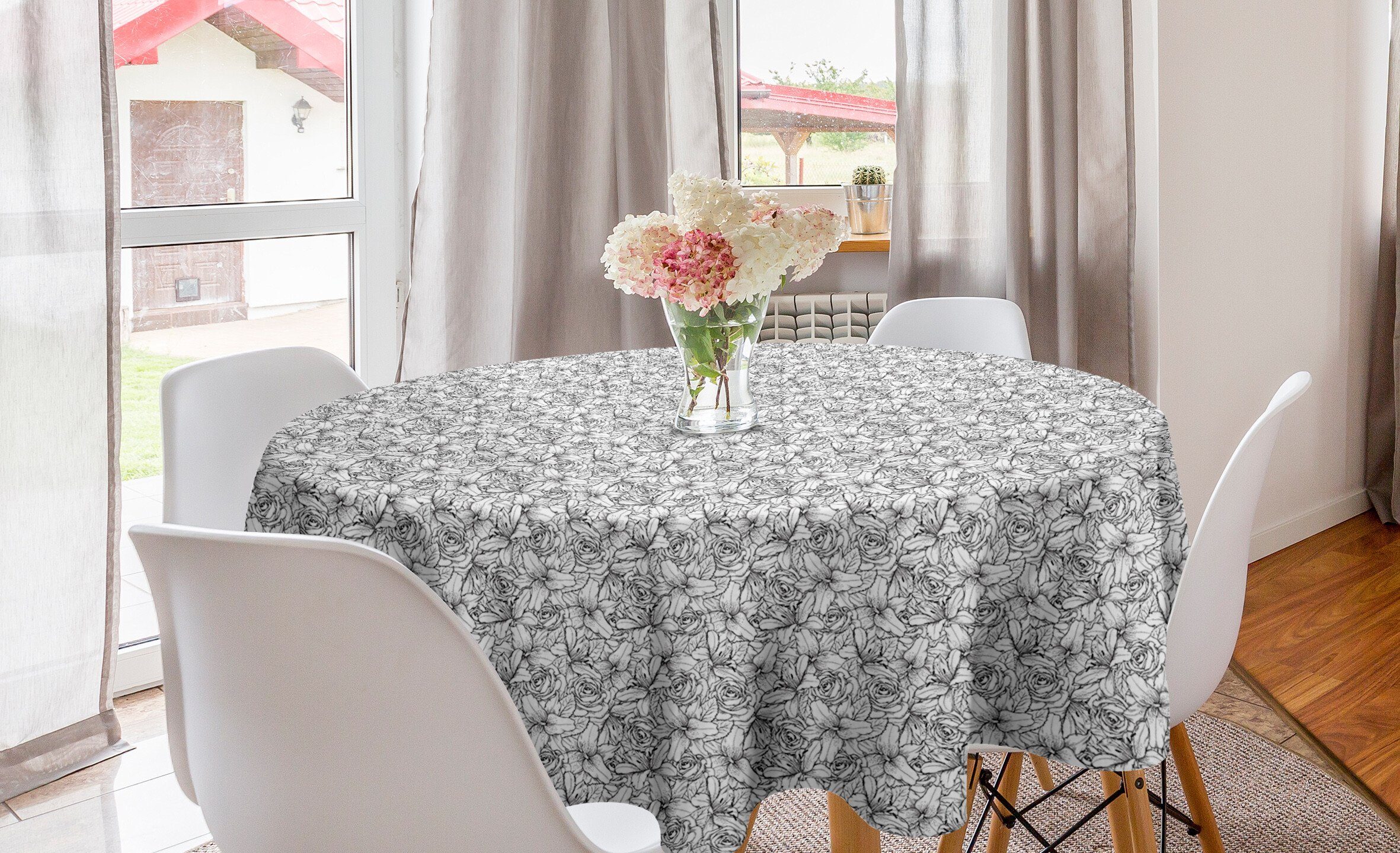 Abakuhaus Tischdecke Kreis Tischdecke Abdeckung für Esszimmer Küche Dekoration, Grau und Weiß Botanischer Poppy
