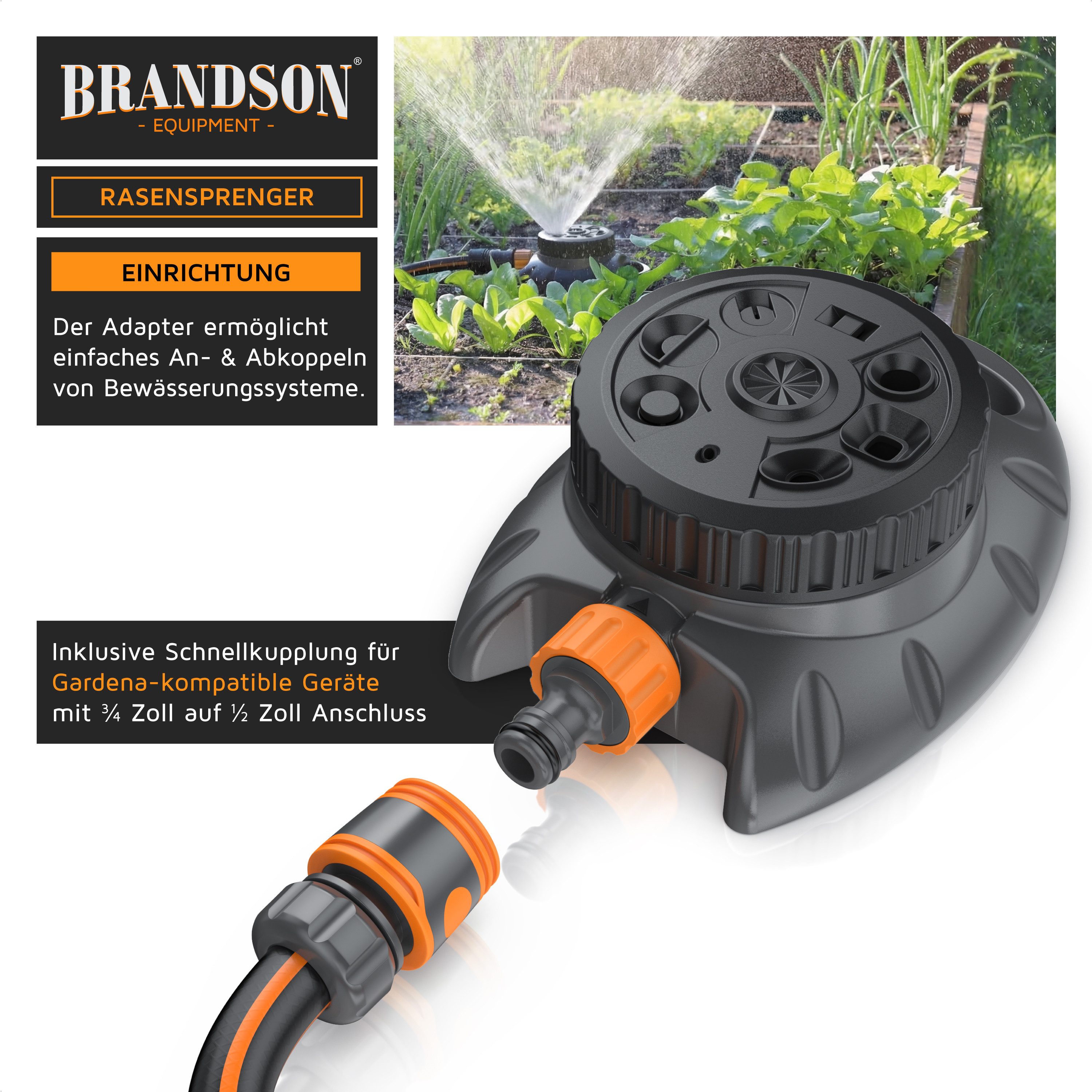 Brandson Vielflächenregner Garten Sprinkler, 360° Rasensprenger, 8 Sprühmodi, 110m² Bewässerung, für Flächen bis 110 m², (1-St), Vollkreis bis Strahlfächer, Flä – Bild 4 von 5