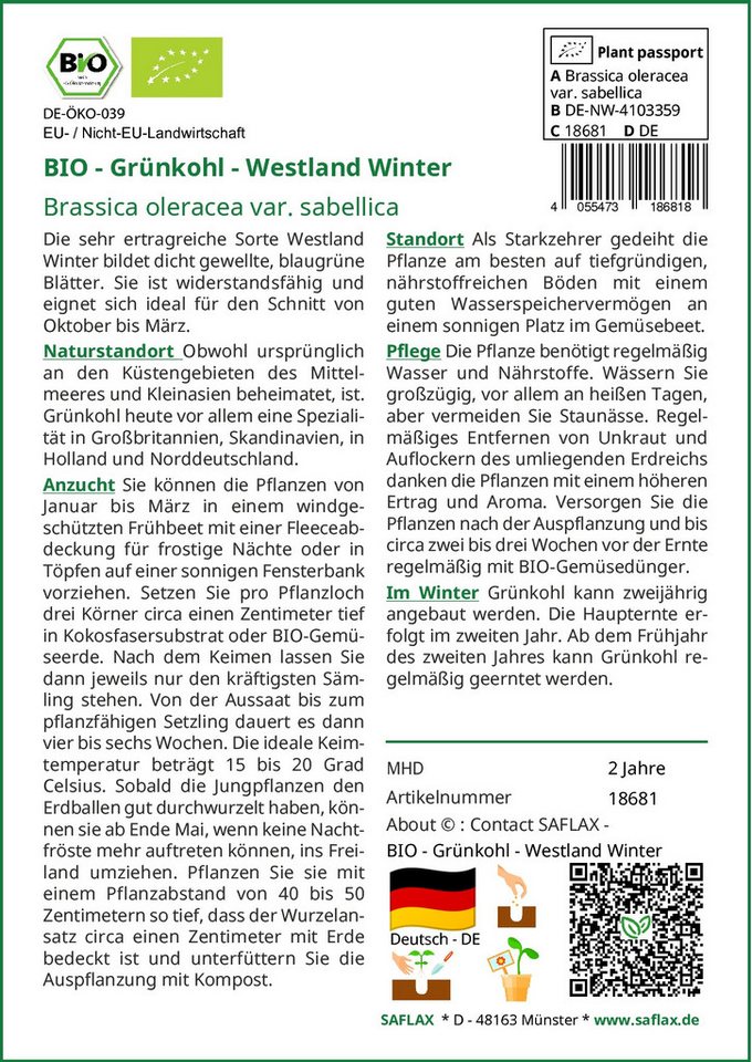 Thumbnail - SAFLAX Gemüsesamen SAFLAX - Samen - BIO - Grünkohl - Westland Winter
