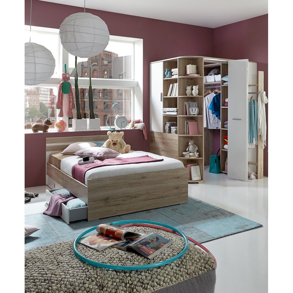 Lomadox Jugendzimmer-Set JOHANNESBURG-43, (Sparset, 4-tlg), San Remo Eiche Nb. und weiß, begehbarer beleuchteter Eckkleiderschrank