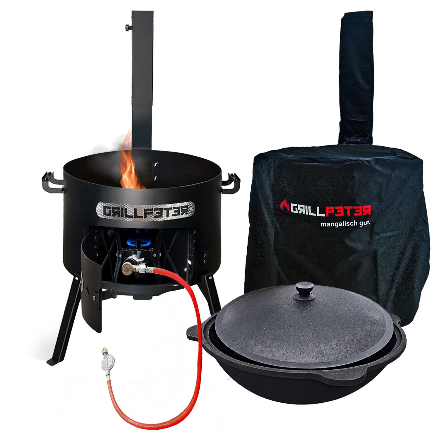 Grillpeter Holzkohlegrill Utschak Asamat Ø50 cm mit Rauchrohr Kasan 22L Gasbrenner Abdeckhaube
