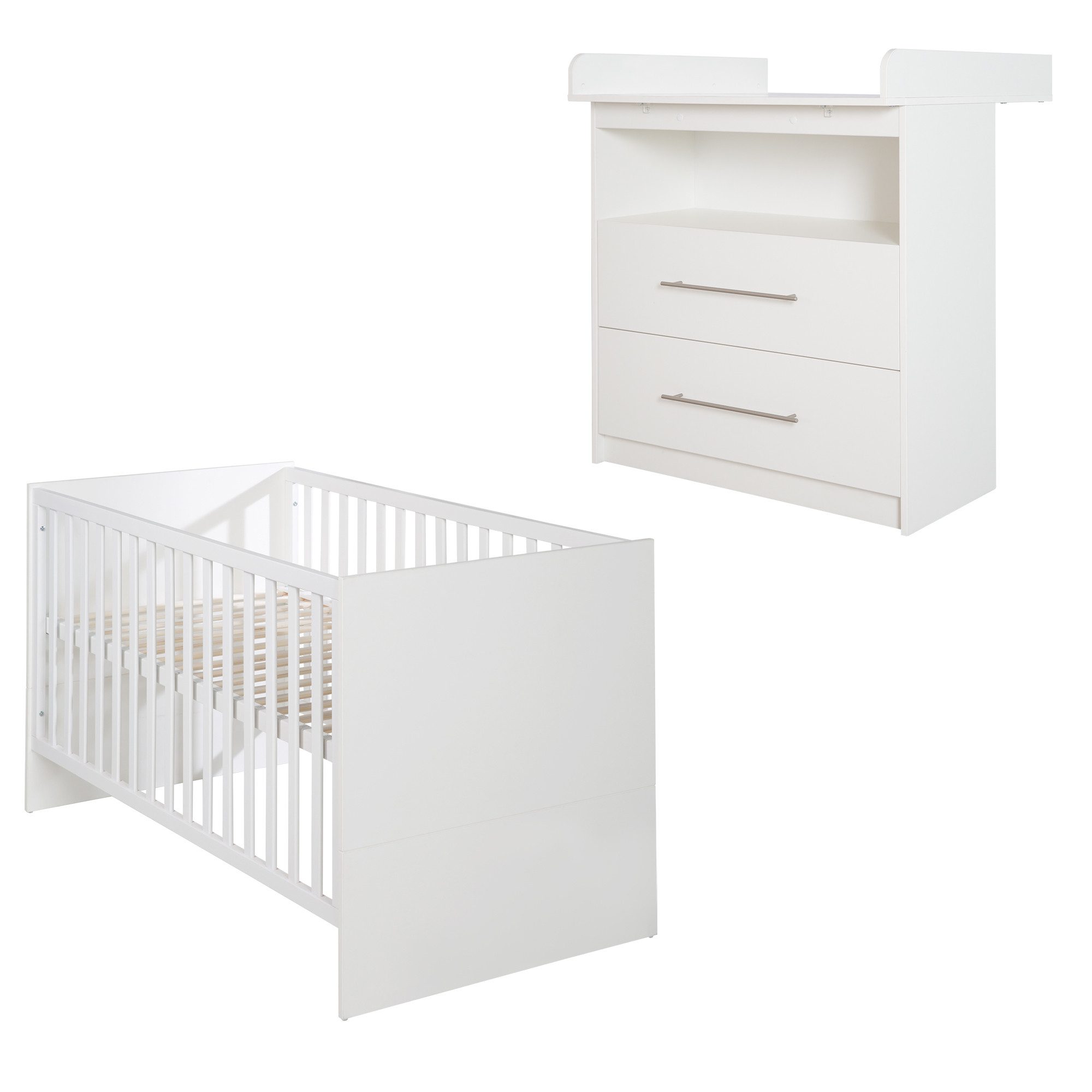 roba® Babymöbel-Set Maren - klassisches Babyzimmer Set - Weiß - Metallgriffe - aus Holz, (schmale Wickelkommode, Babybett 70 x 140 cm), Babyzimmer Set- mitwachsend, umbaubar- zeitlose, klassische Optik