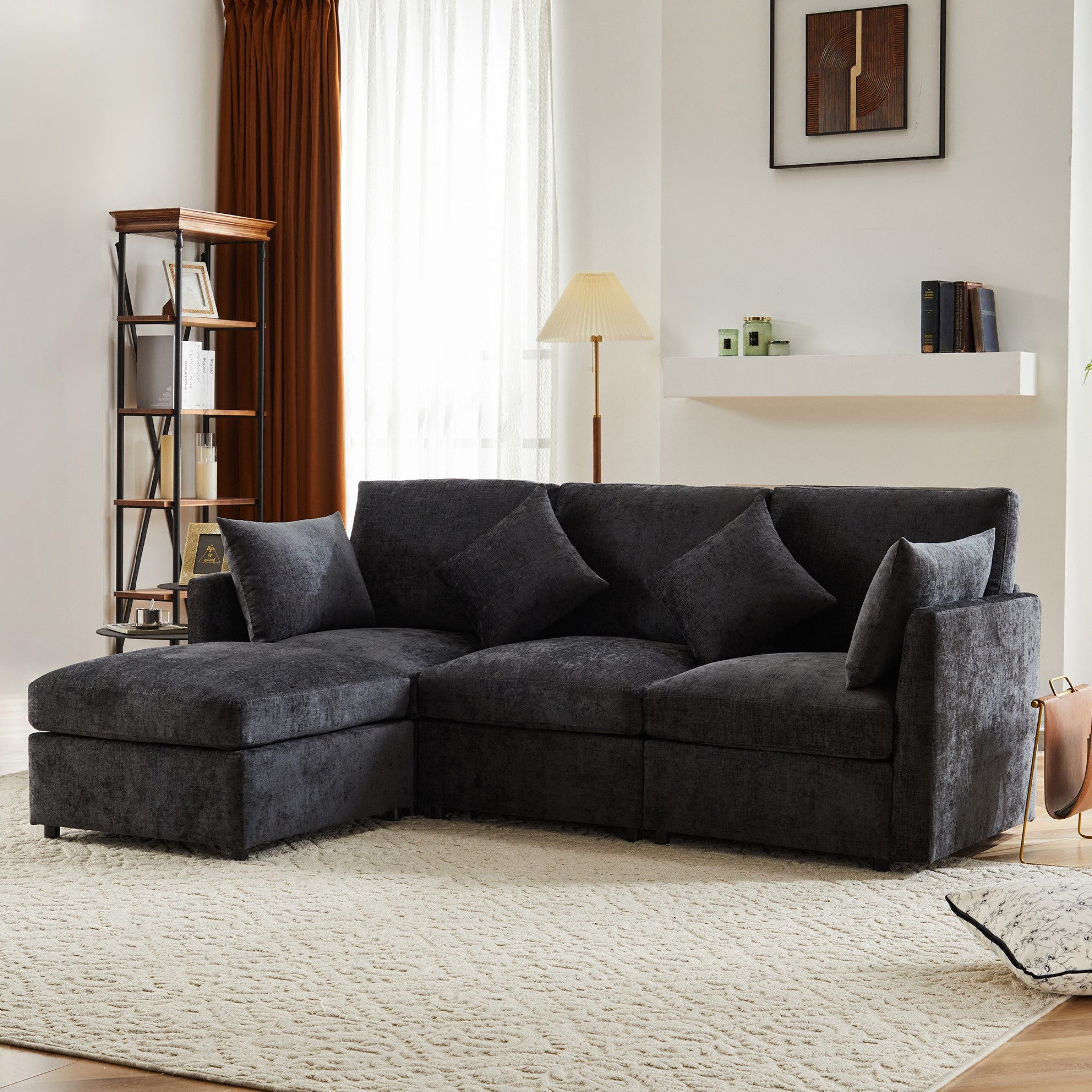 autolock Sofa L-förmiges Ecksofa 4-Sitzer Loungesofa Dreisitzer-Sofa mit Fußhocker, Modernes Design Chenille-Stoffsofa für Wohnungen