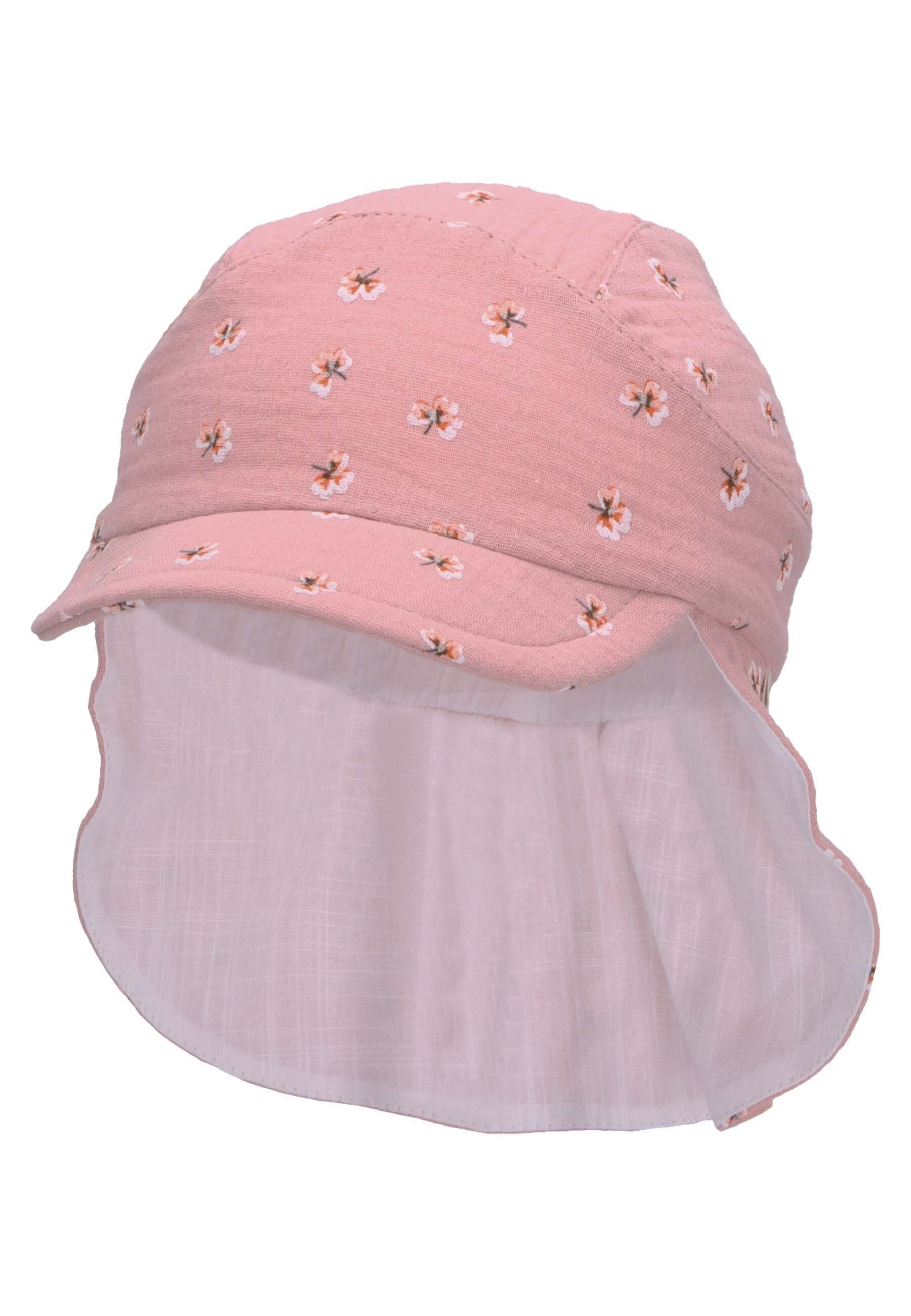 Sterntaler® Schirmmütze Schirmmütze Babyhut rosé Motiven für bedruckt Nackensch. idealer Sonnenschutz helles Sommermütze süßen Kinder) Größenregulierungsband (1-St., mit Blumen Nackenschutz mit mit