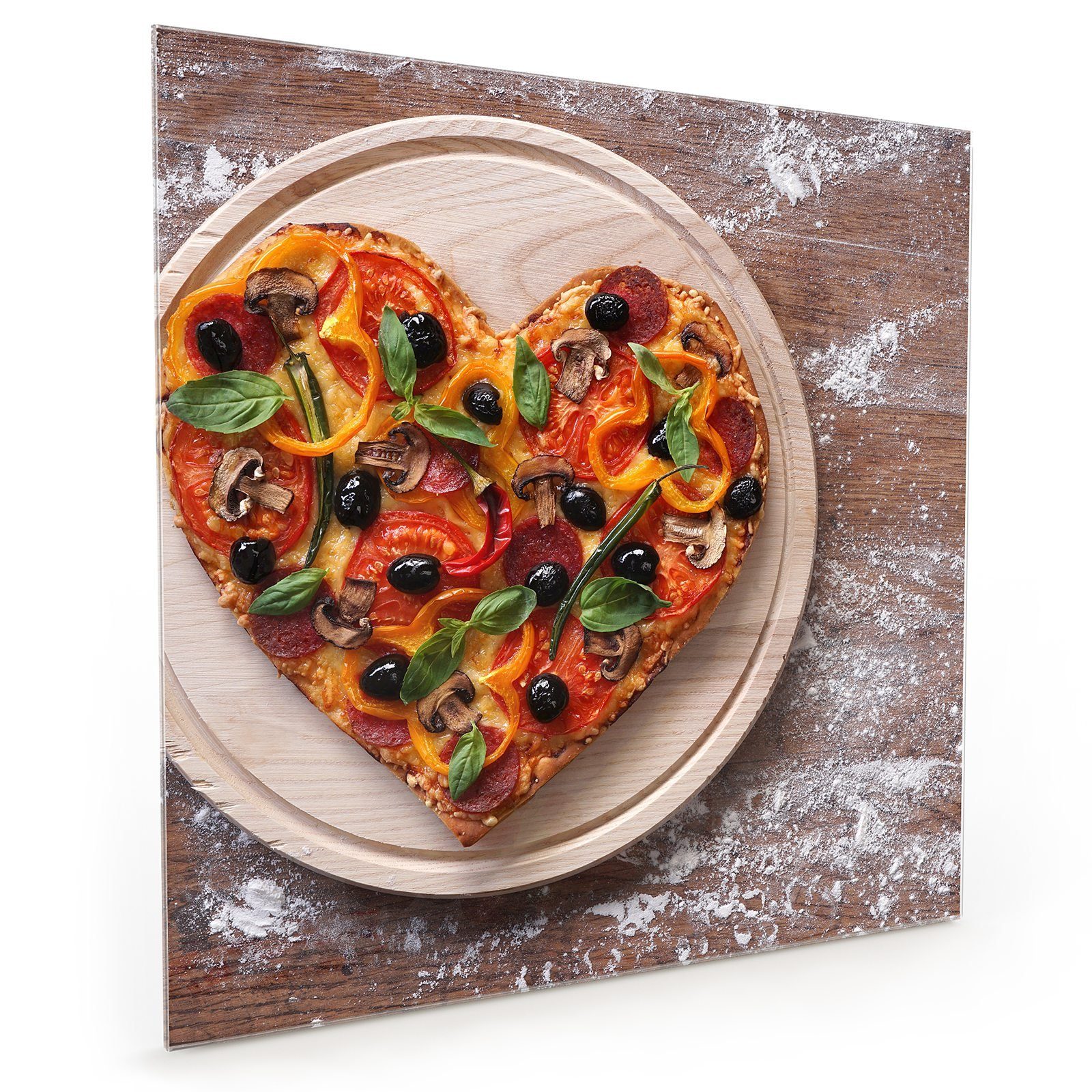Primedeco Küchenrückwand Küchenrückwand Spritzschutz Glas mit Motiv Herz aus Pizza