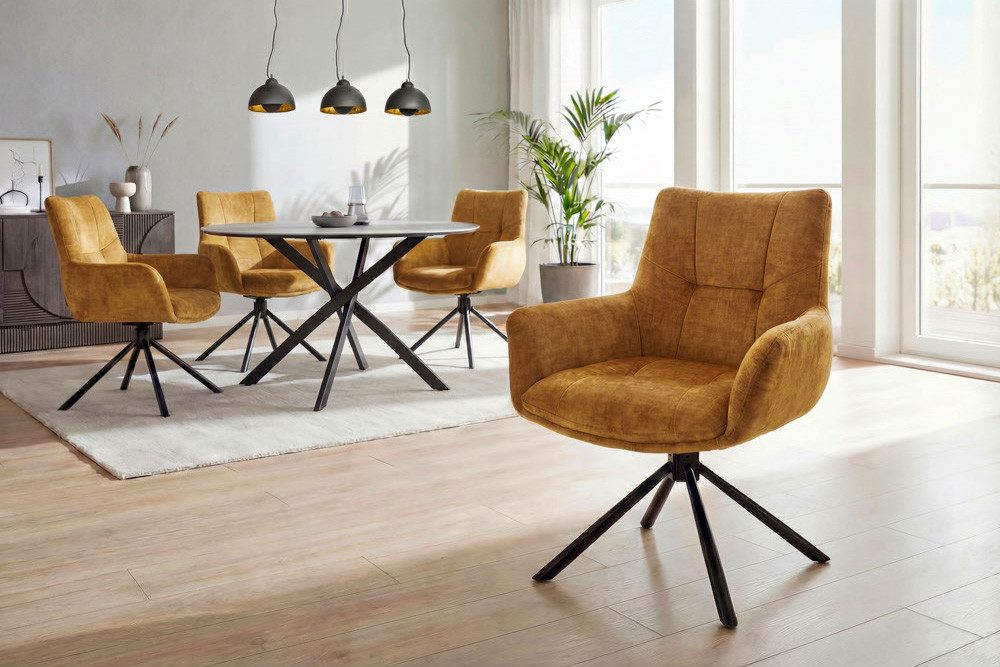 riess-ambiente Drehstuhl SIGNATURE senfgelb/schwarz - Samt, Metall, drehbar, mit Armlehne (Einzelartikel, 1 St), 360° drehbar & mit Taschenfederkern - ideal für Esszimmer & Büro