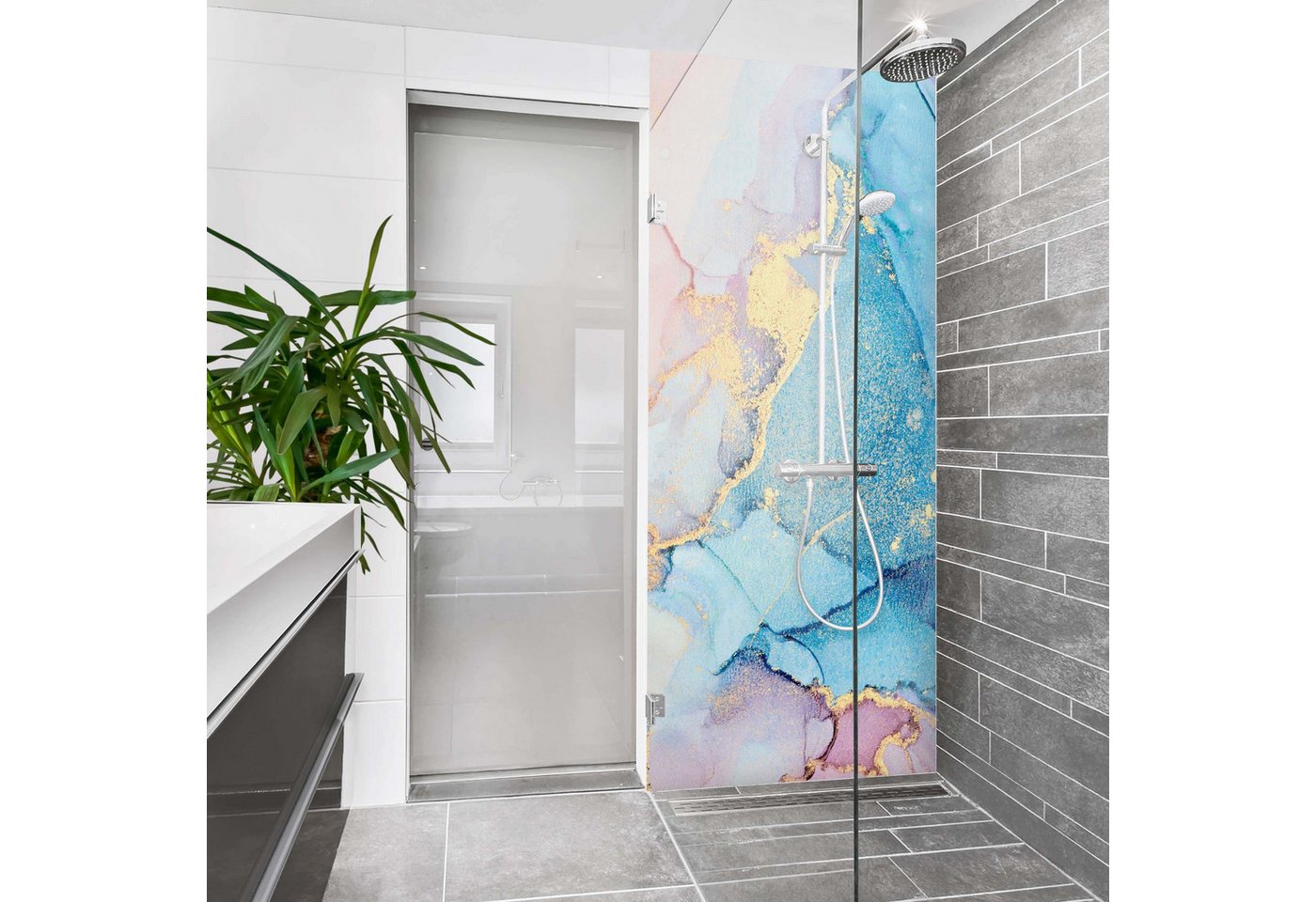 Thumbnail - Bilderdepot24 Duschrückwand Aquarell pastell Duschrückwand ohne Bohren Dusche Motiv, (1-tlg., 0,61 mm starke Folie selbs...