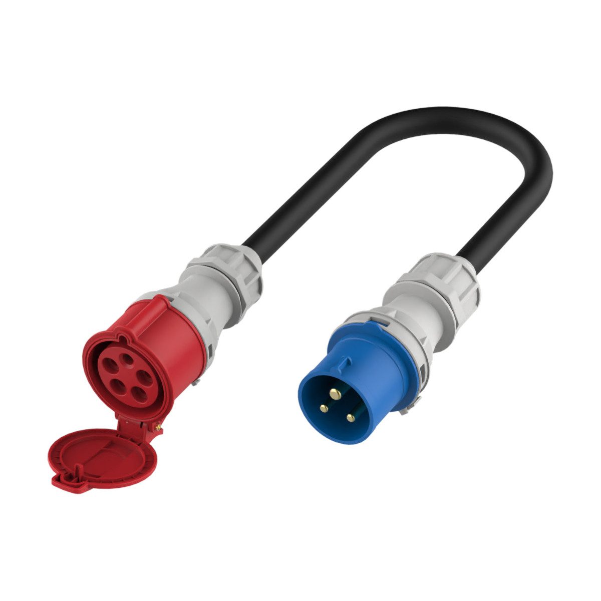 Platinet EV_A22C35MC CEE-Adapterkabel CEE 32A blau, 1-phasig, männlich zu CEE 32A rot, 3-phasig, weiblich, 20 cm, CEE blau 32A auf CEE rot 32A, 20 cm, bis 7,4 kW einphasig