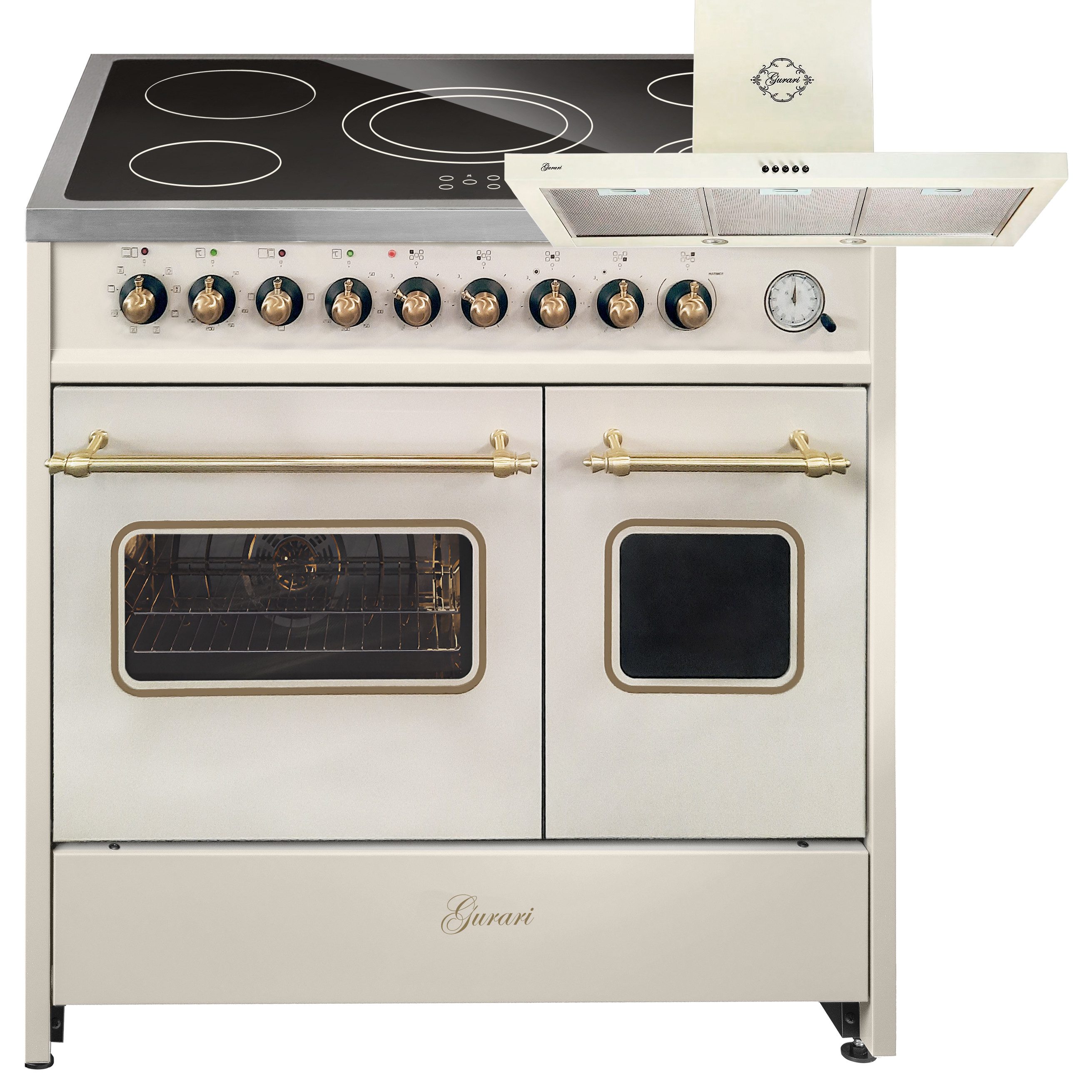 GURARI Elektro-Standherd GCH E 912 DF Cr r+GCH 461 BG 9, mit 1-fach-Teleskopauszug, Elektro Standherd 90 cm, Doppelbackofen+Dunstabzugshaube 90cm