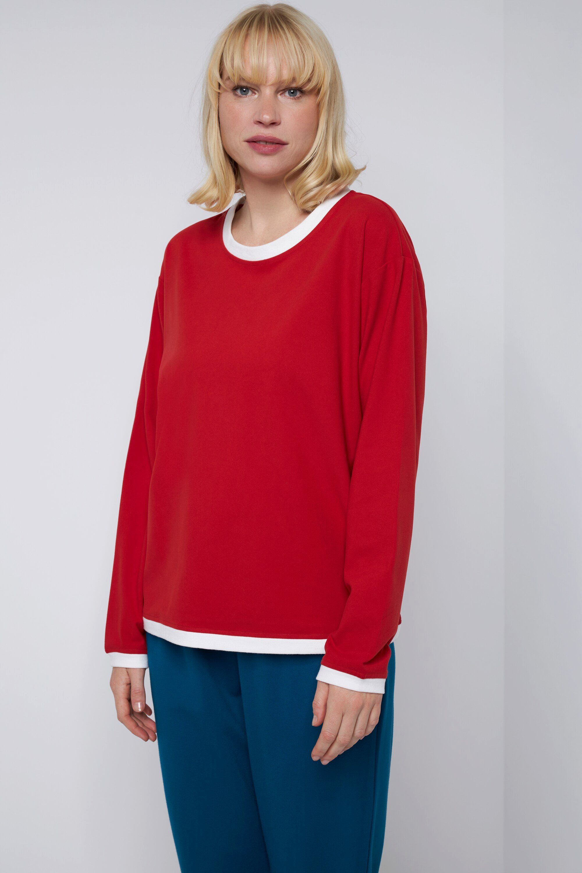 Gina Laura Longshirt T-Shirt Farb-Kontraste Rundhals Langarm karminrot