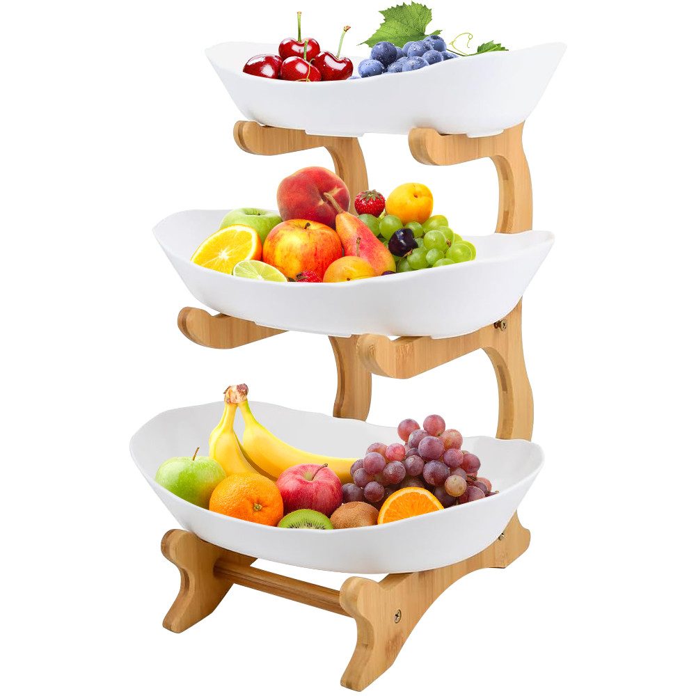 JEOBEST Obstschale Obsttablett Obstschale Obstkorb Etagere 3 Etagen, (Holz Steher+ PP-Servierständer) Leicht zu reinigendes