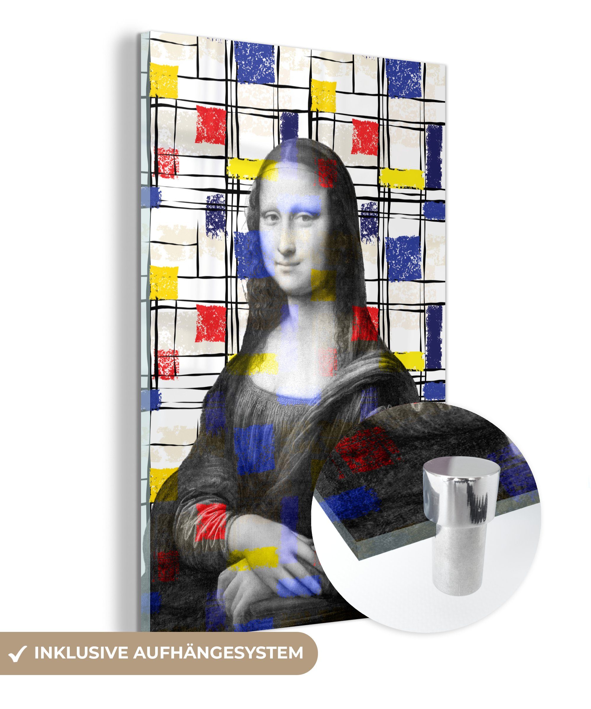 MuchoWow Acrylglasbild Mona Lisa - Mondrian - Alte Meister, (1 St), Glasbilder - Bilder auf Glas Wandbild - Foto auf Glas - Wanddekoration bunt