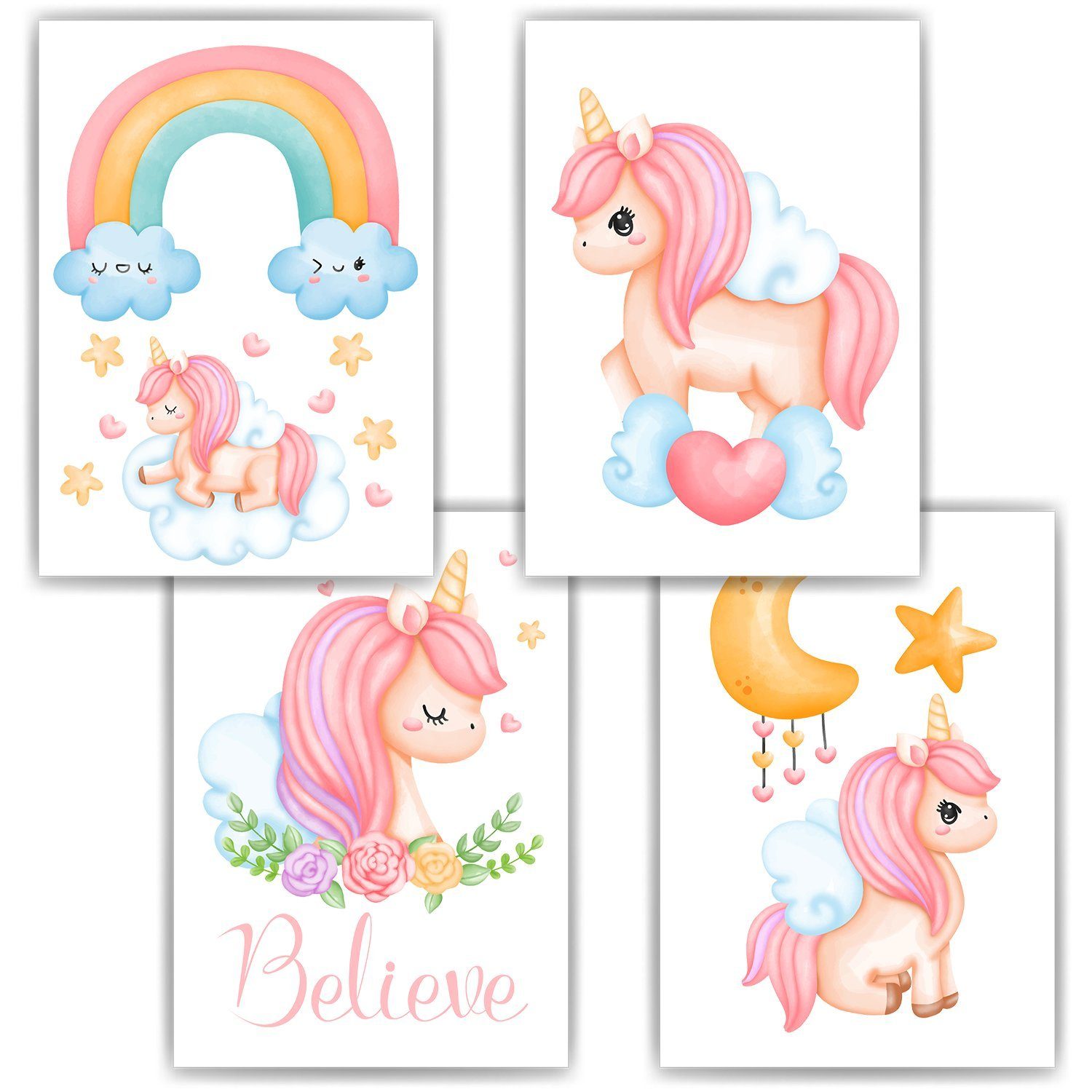 Tigerlino Poster Einhorn Regenbogen 4er Set Kinderzimmer Bilder Wandbilder Dekoration