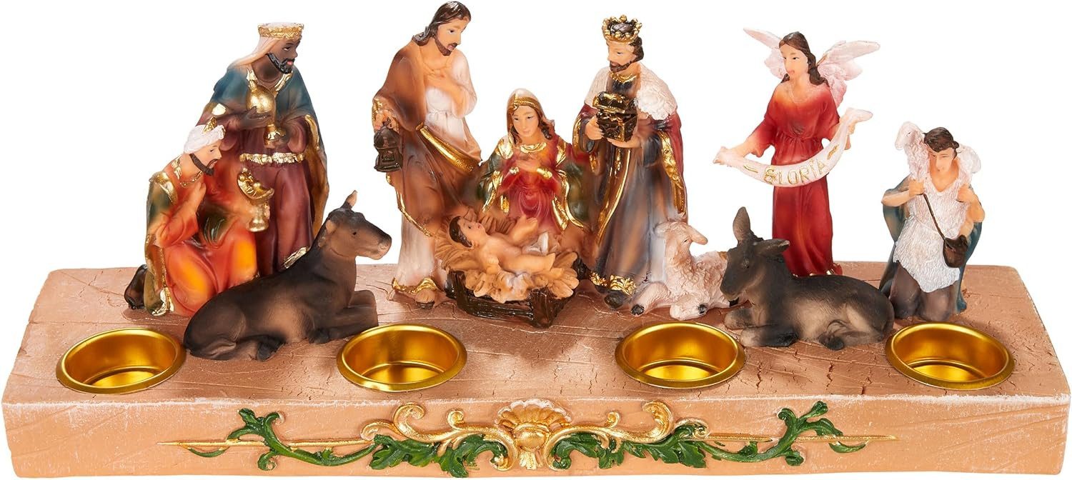 BRUBAKER Krippenfigur Kerzenhalter - Weihnachtskrippe für Kerzen mit 3 cm Ø - Tischkrippe (29 cm - Adventskerzen Halter, 1 St), Handbemalte Weihnachtsfigur mit Figuren Jesus, Maria, Josef und Könige