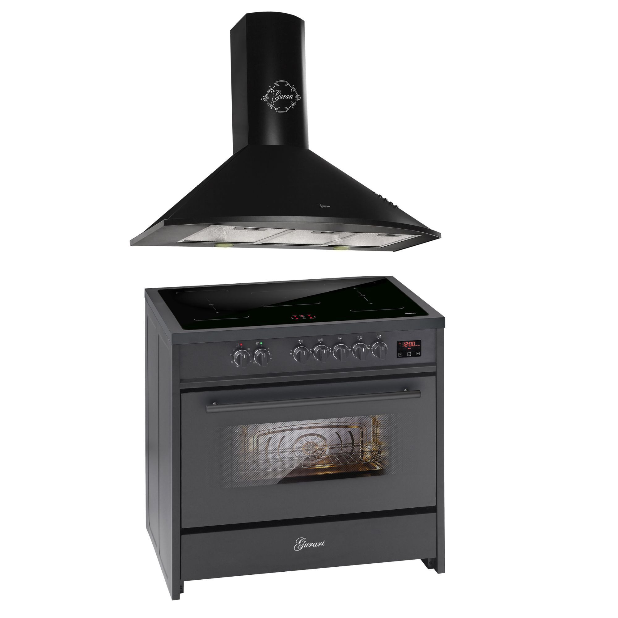 GURARI Induktions Herd-Set Induktionsherd 90 cm Standherd Schwarz, 5 Kochzonen,Range Cooker 90 cm, 121L+ Dunstabzugshaube 90 cm E 913 BL+GCH 046 Bl 9., mit 1-fach-Teleskopauszug