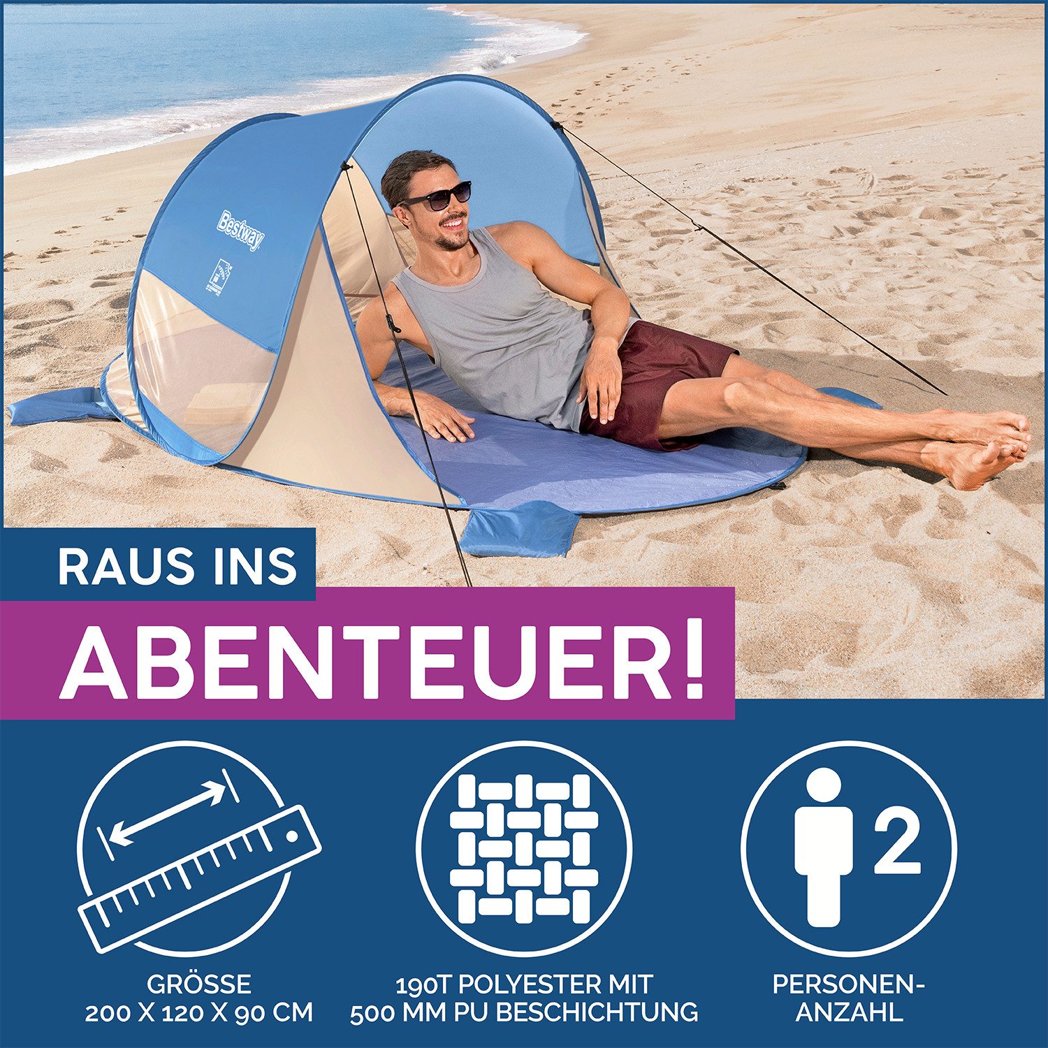 Bestway Strandmuschel Beach Quick 2, Personen: 2 (Packung, 1 tlg., 200 x 120 x 90 cm), UPF 80 Sonnenschutz, Inkl. Tragetasche