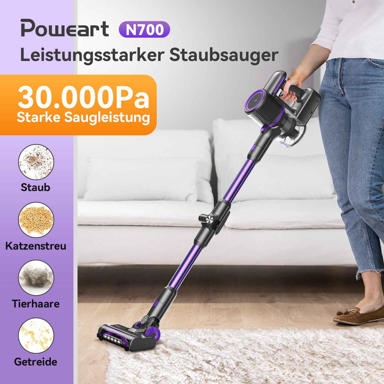POWEART Akku-Hand-und Stielstaubsauger N700 Akku-Staubsauger, Elektrobürste mit LED-Beleuchtung, 250 W, beutellos, Mehrstufige Zyklonfiltration,Saugstufen (12/25kPa),Geräusch ≤78dB