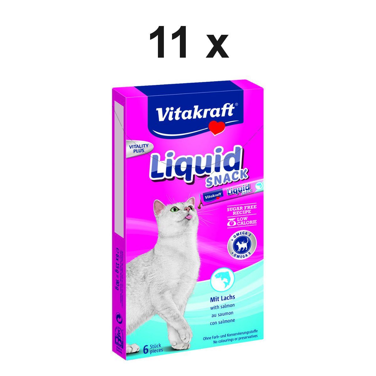 Vitakraft Katzensnack Cat Liquid Snack Lachs, 11 x 90g, Snack für: Katzen