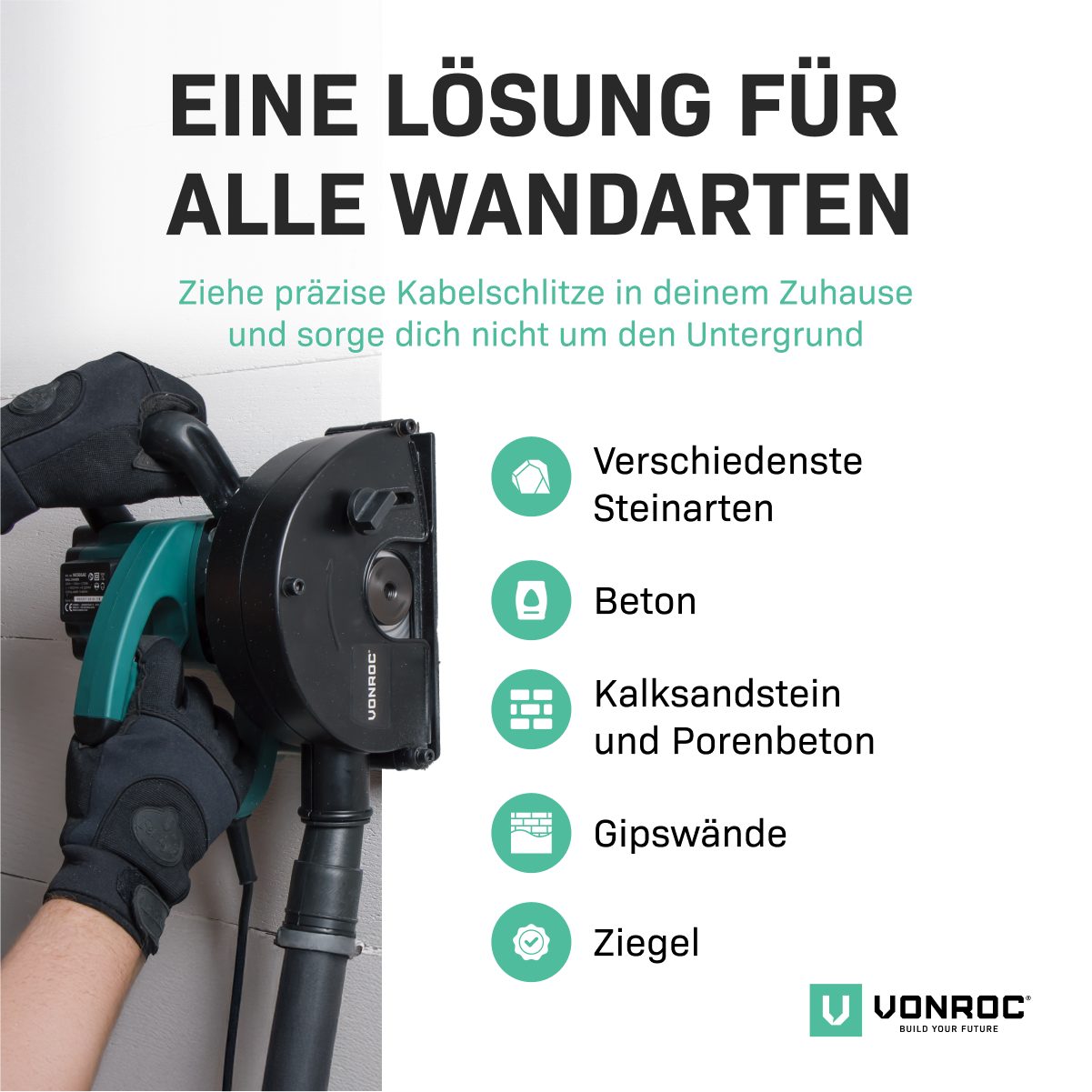VONROC Mauernutfräse Schlitzfräse mit Absaugung für Kabelnut 14/19/29mm, (Set, 2-tlg., inklusive Diamantscheiben), Schlitzmaschine 150mm mit Schnittiefe [4-40mm – Bild 5 von 5