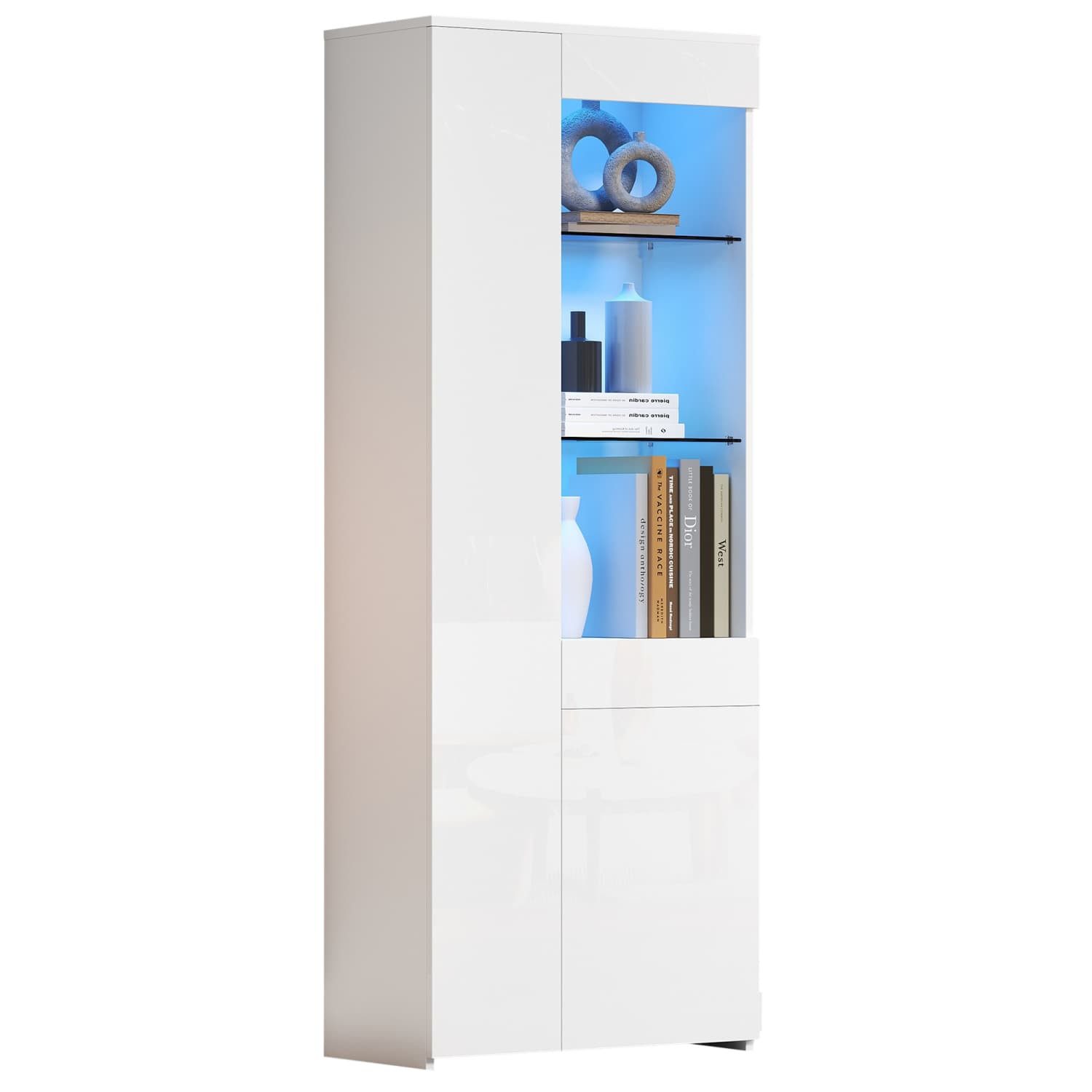 autolock Standvitrine Vitrine mit Schubladen,Hochglanz,Glasvitrine mit LED-Beleuchtung Hochschrank,Highboard Mit Schrank, Standvitrine,Trennwandlagerung