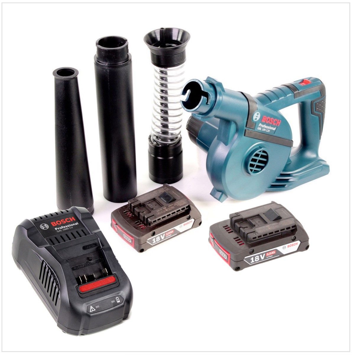 Bosch Professional Akku-Laubbläser GBL 18 V-120 Akku Gebläse Laubbläser mit 2x Bosch GBA 18V 2,0 Ah Akku